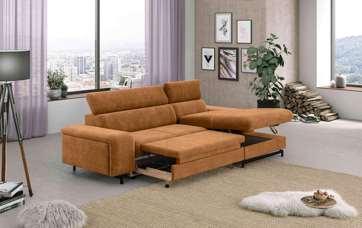 Ecksofa mit Bettkasten Emma Cognac 267x165 cm - Cognac/Schwarz, Textil (267/165cm) - MID.YOU