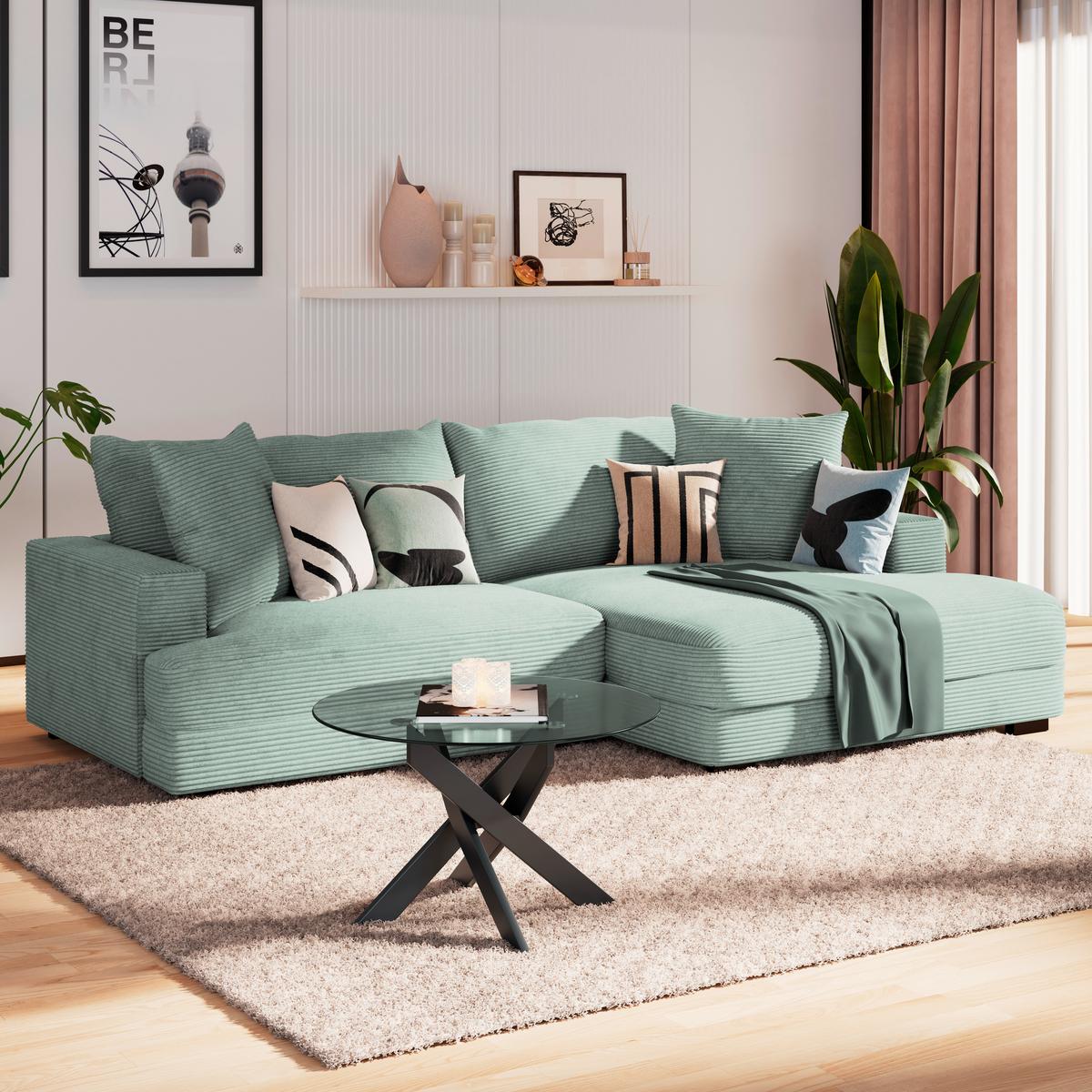 Ecksofa Pelle m. Kissen mintgrün Cord 265x180cm - Schwarz/Mintgrün, MODERN, Textil (265/180cm)