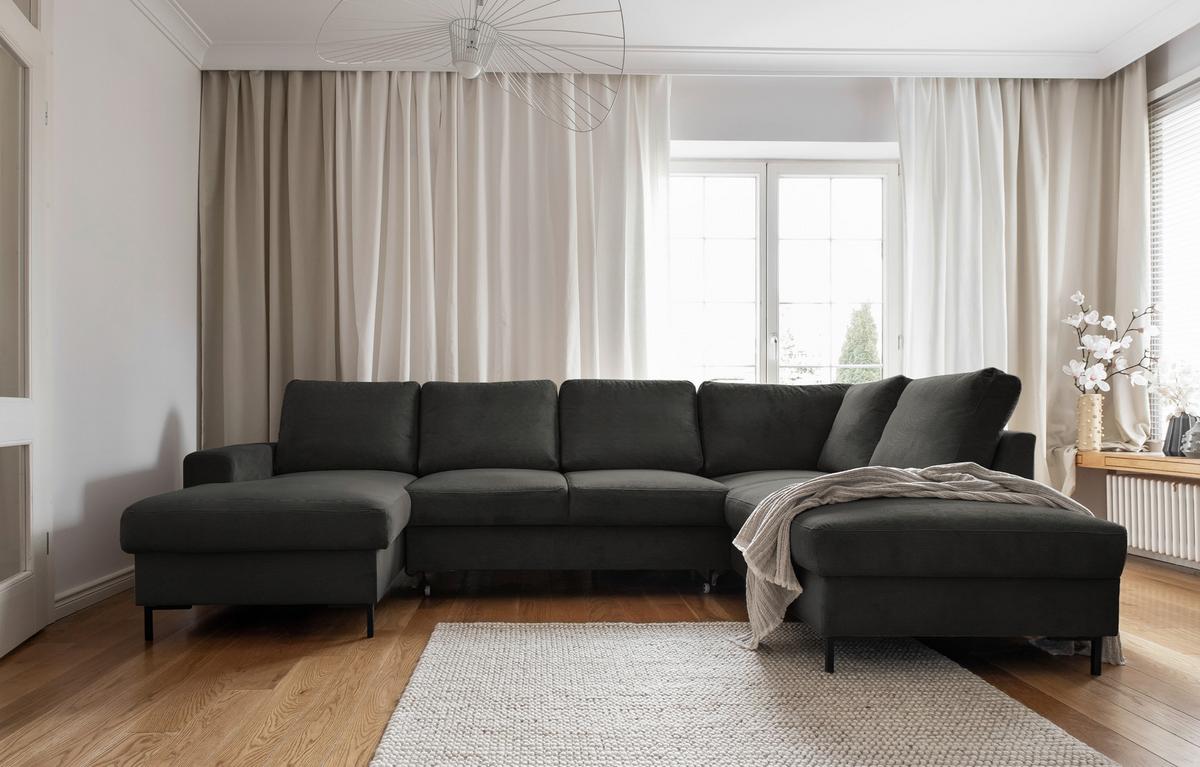 Sedačka LEONIE U, pravá, šedý manšestr - šedá/černá, Design, kov/dřevo (148/303/197cm)