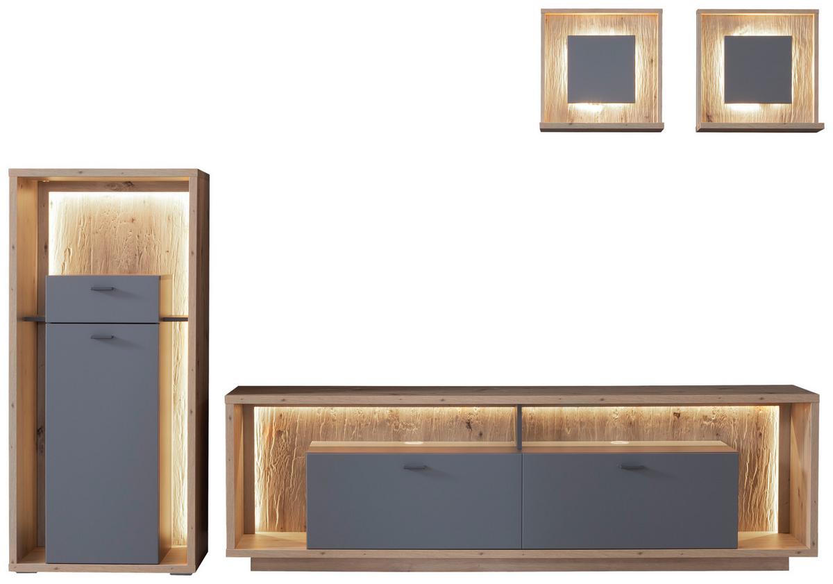 Wohnkombination 4-tlg. Lizzano Grau/eichefarben - Eichefarben/Grau, Design, Holzwerkstoff (286/200/40cm) - MID.YOU