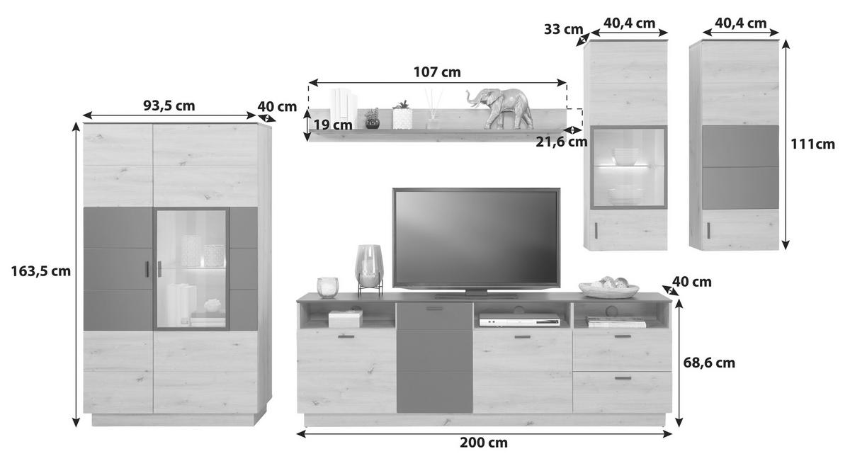 Wohnkombination Modern 5 Tlg. Tonale 4, Eiche Dekor/grau - MODERN (333,9/207,6/40cm)