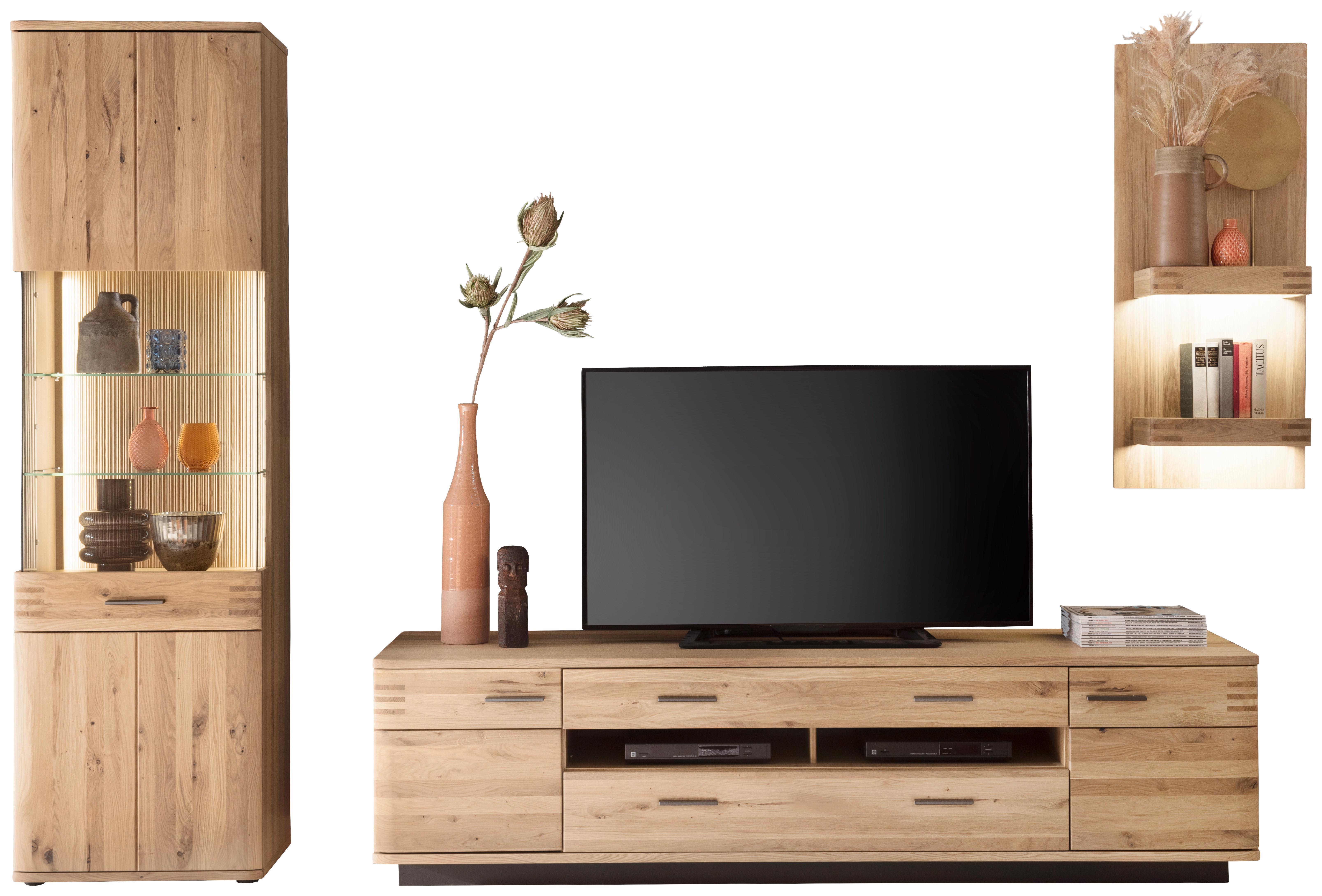 Wohnkombination teilmassiv 3 --Teilig. Salvador Anthrazit/Eiche - Eichefarben/Anthrazit, Design, Glas/Holz (300/208/50cm) - Livetastic