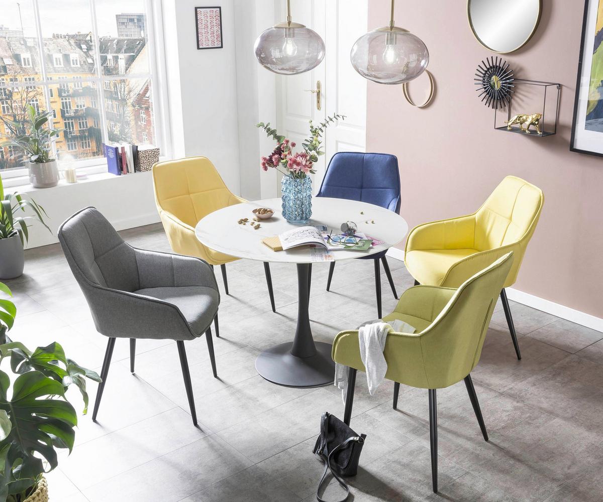 Armlehnstuhl Leinen Blau, B: 55cm - Blau/Schwarz, Design, Textil/Metall (55/86/46cm) - Livetastic