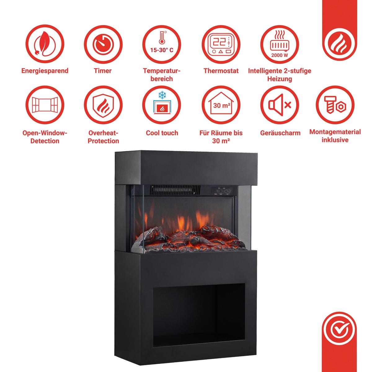 Elektrokamin Henri - Schwarz, Basics, Glas/Metall (48,0/75,0/21,7cm)