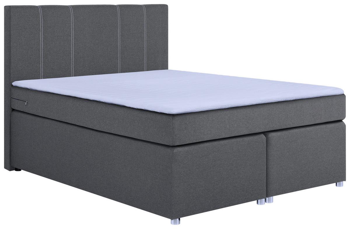 Boxspringbett Malta Mit Topper Grau, 140x200 Cm - Chromfarben/Schwarz, Basics, Holzwerkstoff/Textil (140/200cm) - P & B