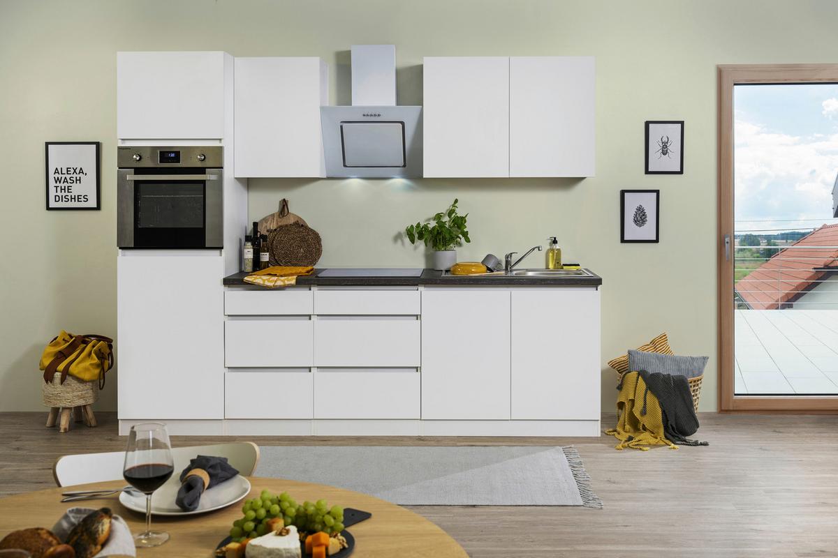 Küchenzeile Premium m. Geräten 270 cm Weiß modern - Weiß/Braun, MODERN, Holzwerkstoff (270cm) - Respekta