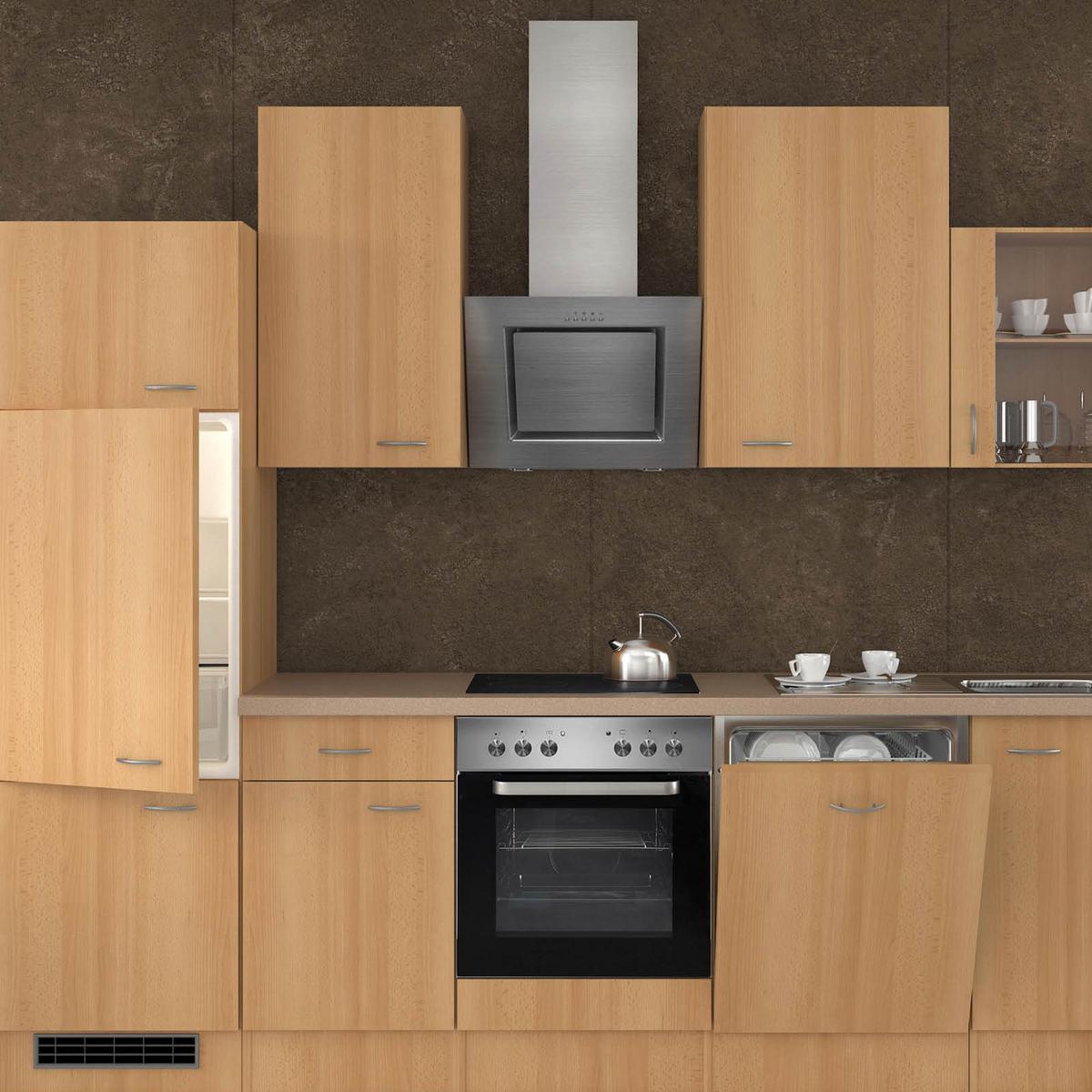 Küchenzeile Nano mit Geräten 280 cm Buche/Creme Dekor - Beige/Buchefarben, MODERN, Glas/Holzwerkstoff (280cm) - FlexWell