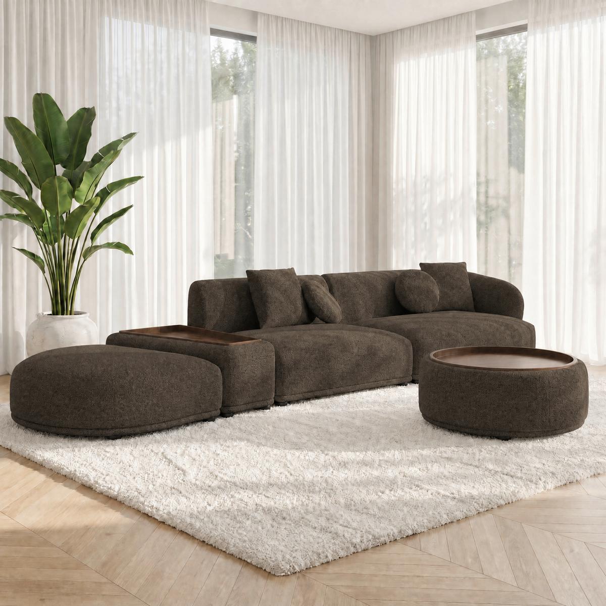 Rohová sedačka KIRA, hnědá žinylka, so stolíkem - černá/hnědá, Moderní, dřevo/textil (408/108cm) - Bessagi Home