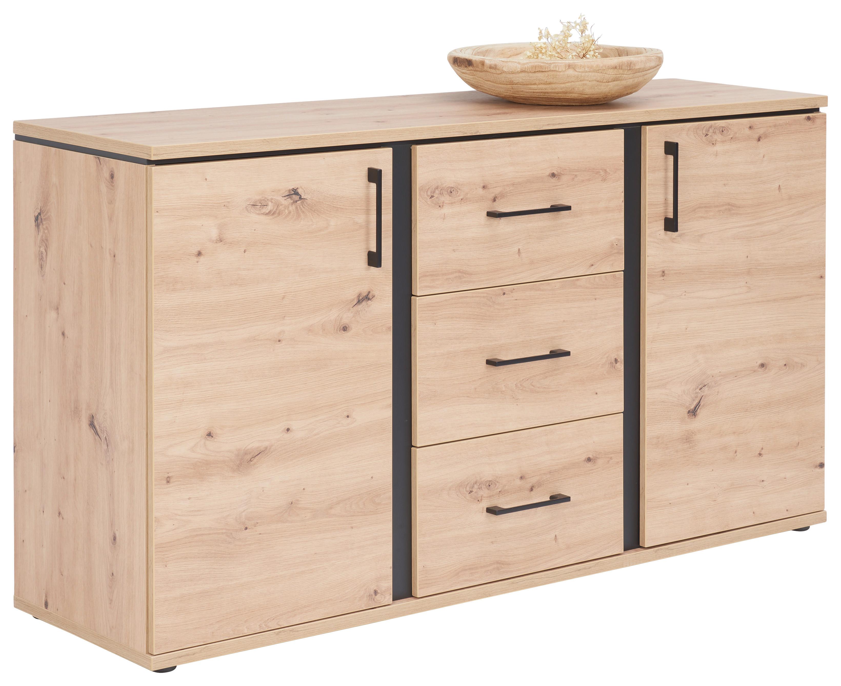 ŠIROKÁ KOMODA NATURE - čierna/farba duba, Konventionell, kov/kompozitné drevo (145/84/42cm)