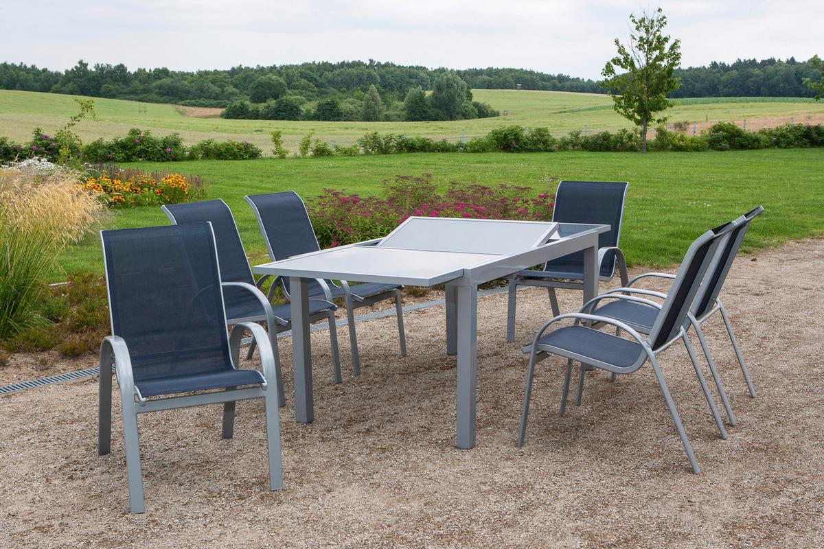 Gartengarnitur 7-Tlg. Amalfi Metall/Textil Erweiterbar - Blau/Silberfarben, ROMANTIK / LANDHAUS, Glas/Textil - Gardenson