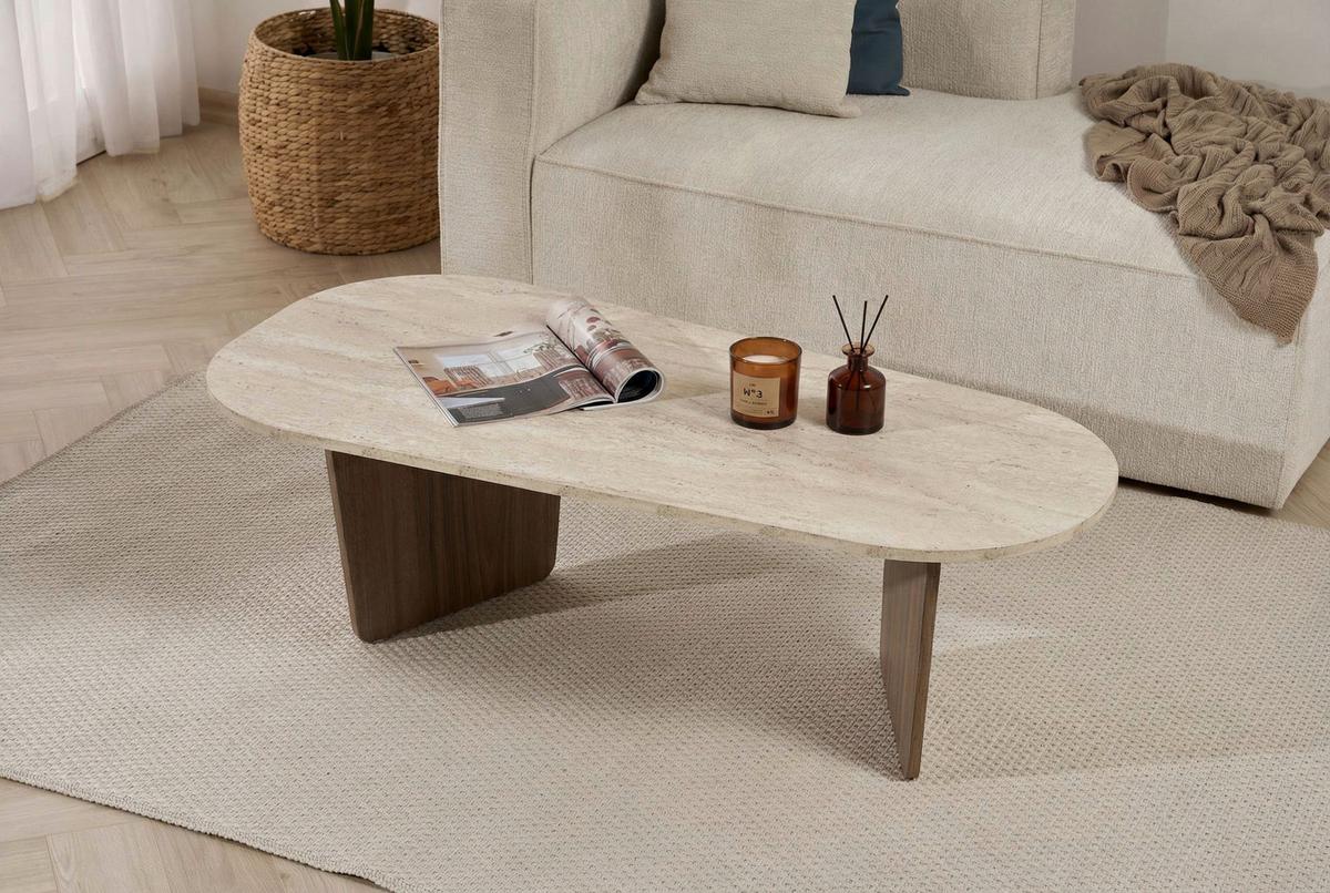 Couchtisch Ovalis Creme/Walnussfarben L: 130cm - Walnussfarben/Creme, Design, Holzwerkstoff (130/65/40cm) - MID.YOU