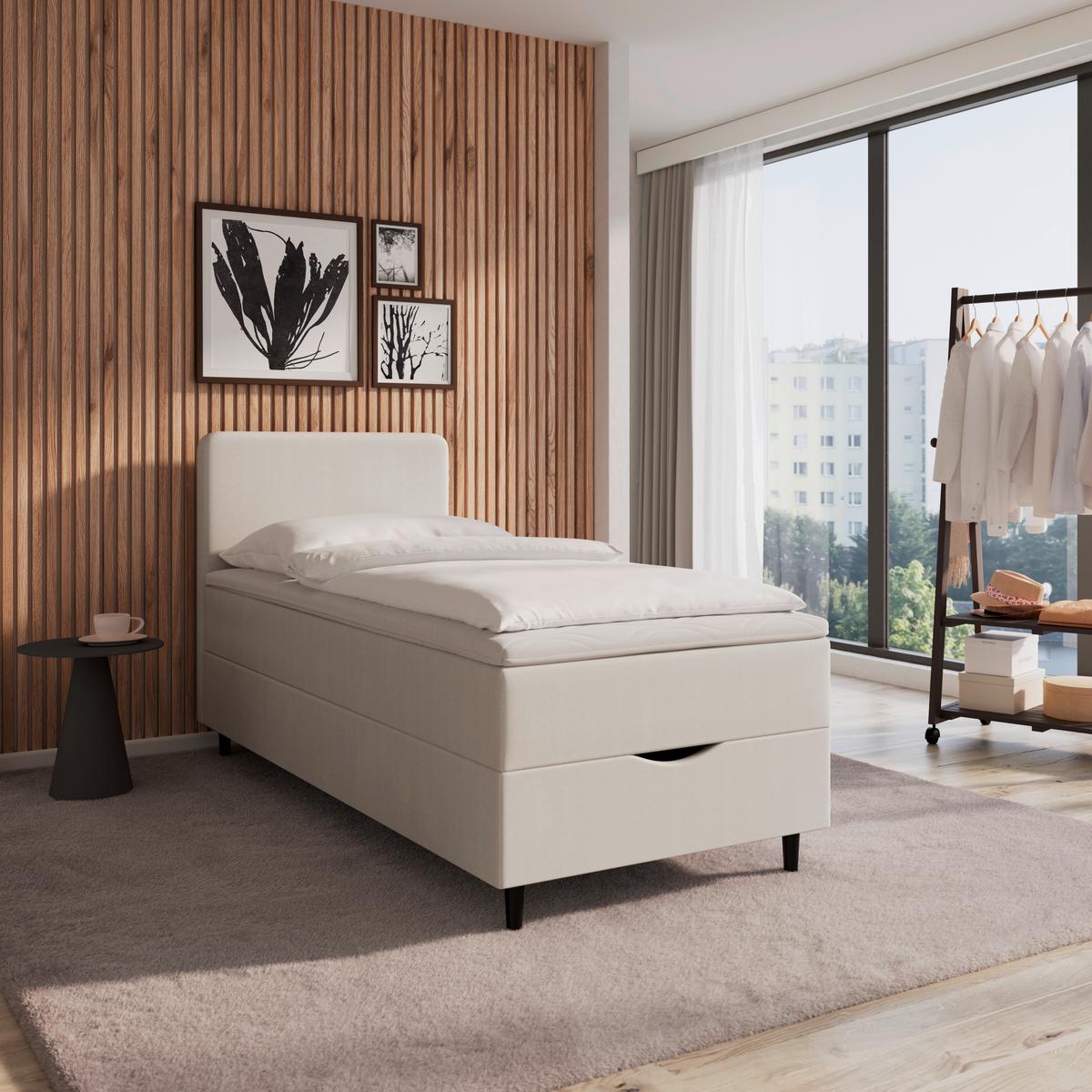 Boxspringová posteľ VIDA 90x200, krémová, s topperom - čierna/slonovinová, Modern, drevo/textil (90/200cm) - Bessagi Home