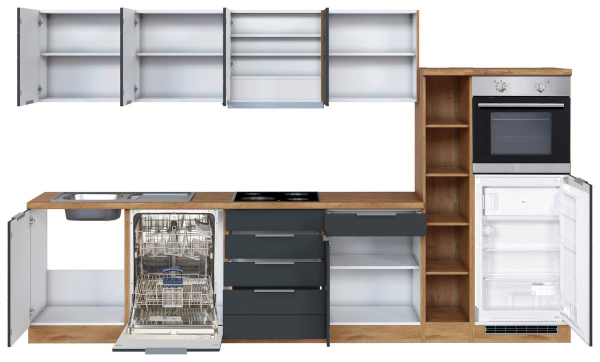 Küchenzeile Florenz mit Geräten 330 cm Grau/Eichefarben - Eiche Wotan/Grau, Design, Holzwerkstoff (330cm) - Held