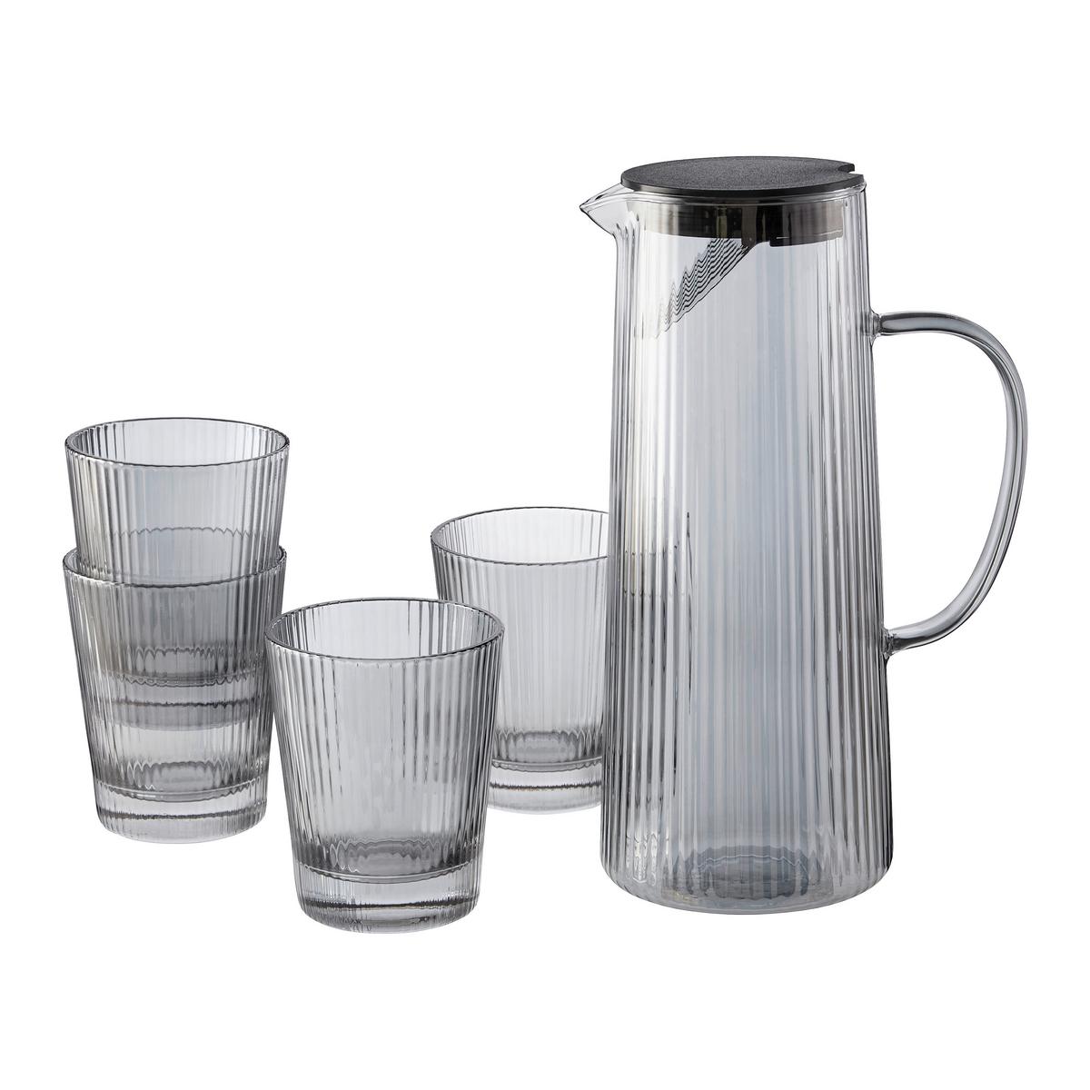 sada sklenic džbán 1,2L + 4 sklenice - šedá, Konvenční, sklo - Mömax
