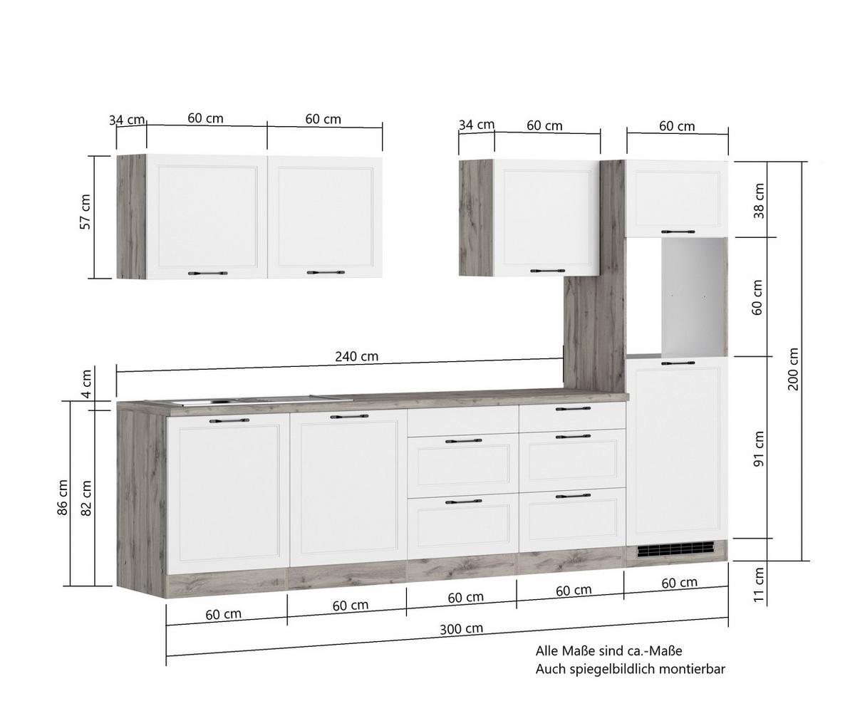 Küchenzeile Meran ohne Geräte B: 300 cm Weiß/Eiche Dekor - Eiche Wotan/Weiß, LIFESTYLE, Holzwerkstoff (300cm) - Held