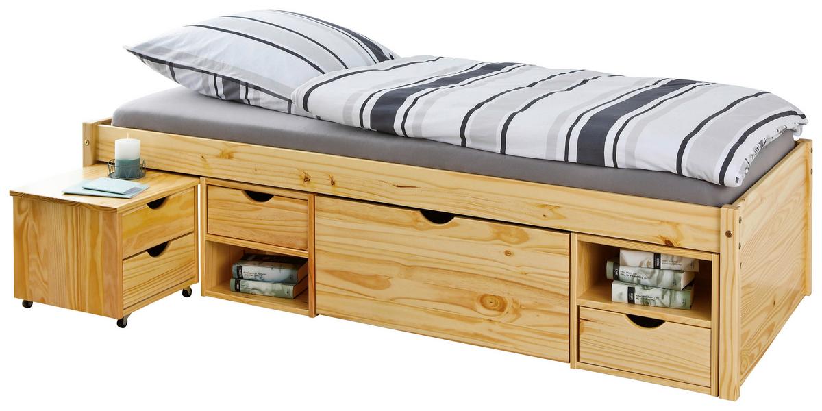 Stauraumbett Echtholz inkl. Nachtkästchen 90x200 Claas - Naturfarben, Basics, Holz (90/200cm) - MID.YOU