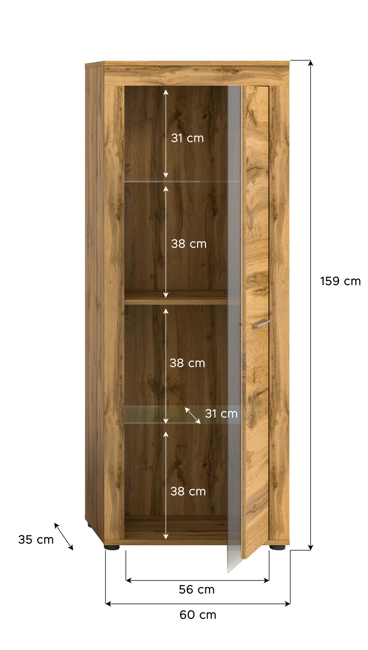 Vitrine Jam Eiche Dekor B: 60 Cm - Eiche Wotan/Schwarz, Design, Glas/Holzwerkstoff (60/159/35cm) - MID.YOU