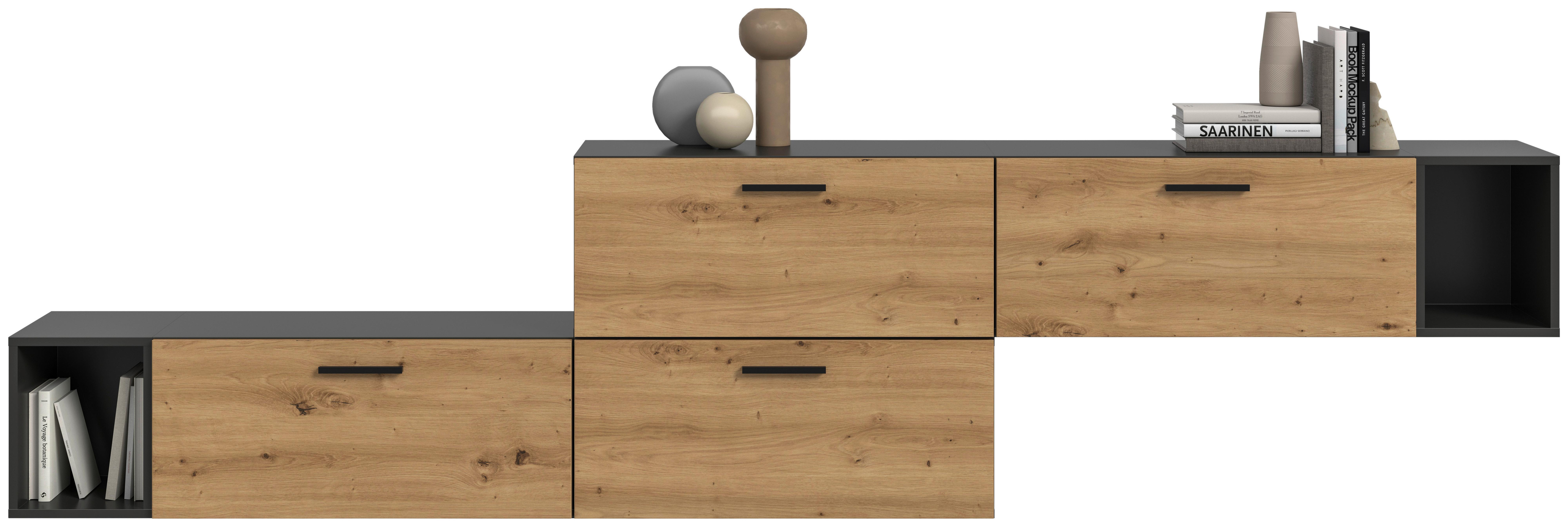 Wohnwand, The One 4, B: 276 cm Artisan Eiche Dekor/Grau - Schwarz/Eiche Artisan, Trend, Holzwerkstoff (276/97/34cm)
