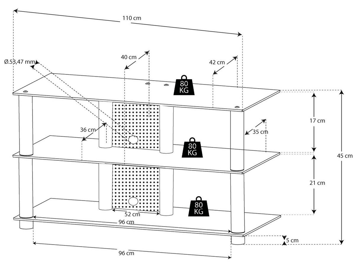 Phonotisch Zumbo B: 110 Cm Schwarz/silberfarben - Silberfarben/Schwarz, KONVENTIONELL, Glas/Metall (110/45/42cm) - MID.YOU