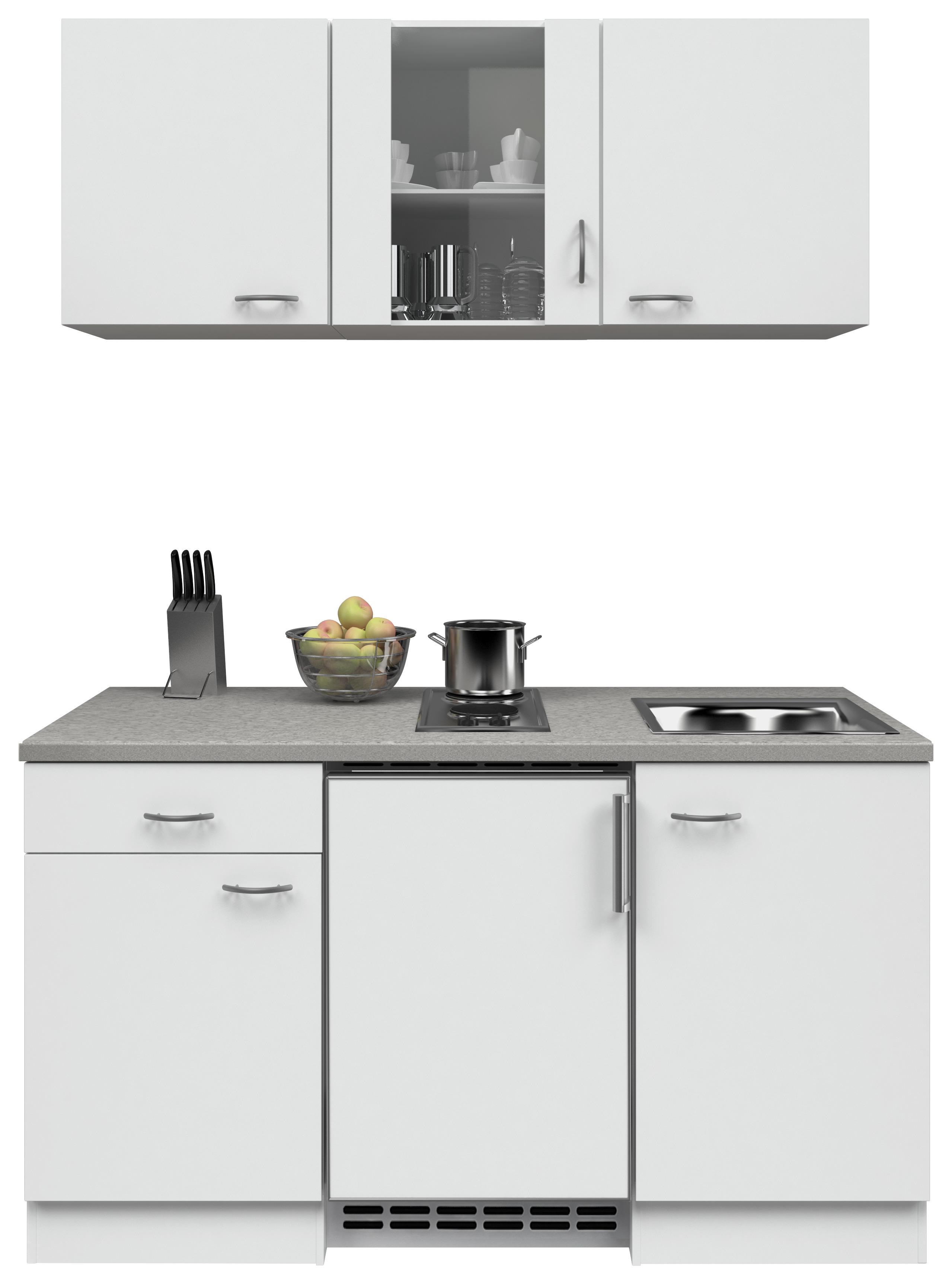 Miniküche mit Kühlschrank + Kochfeld 150 cm Weiß Dekor - Edelstahlfarben/Weiß, MODERN, Glas/Holzwerkstoff (150cm) - FlexWell
