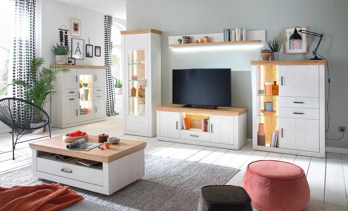 Wohnkombination 4-Tlg. Madrid Eiche-/Pinienfarben - Eichefarben/Schwarz, Design, Glas/Holzwerkstoff (351/205/50cm) - MID.YOU