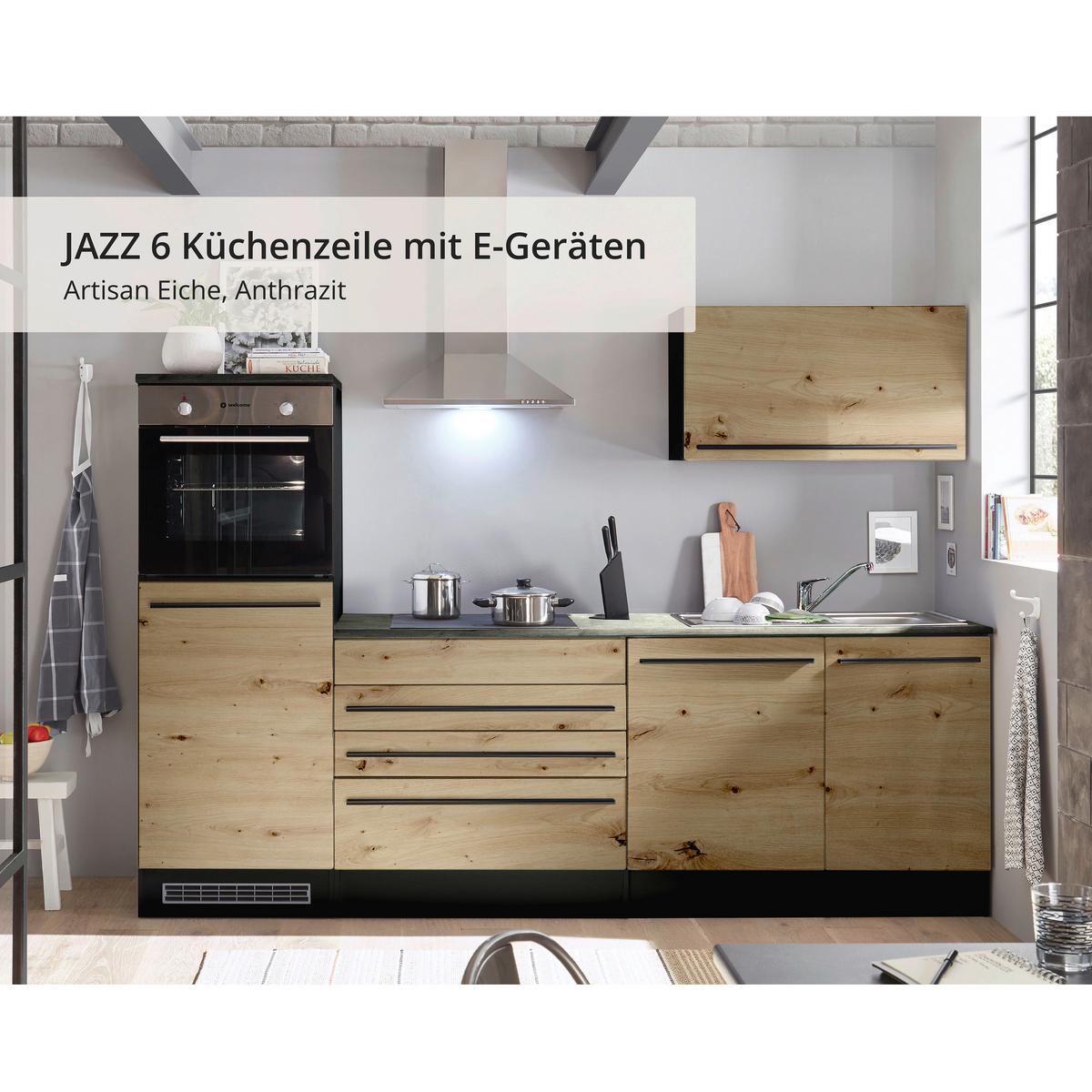 Küchenzeile Jazz 6 Mit Geräten 260 Cm Anthrazit/eiche Dekor - Anthrazit/Eiche Artisan, KONVENTIONELL, Holzwerkstoff (260cm) - MID.YOU