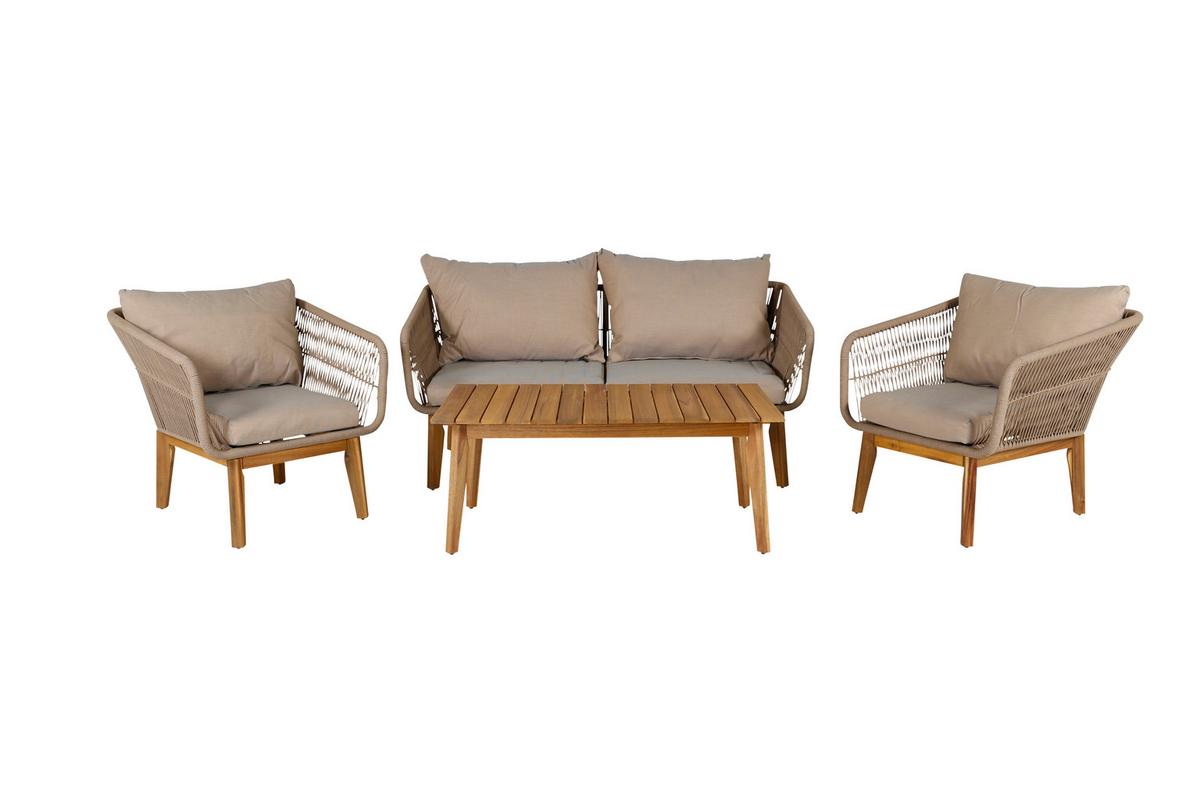 Loungegarnitur 4--Teilig Chania Holz/Metall/Textil mit Kissen - Beige/Akaziefarben, KONVENTIONELL, Holz/Textil - Gardenson