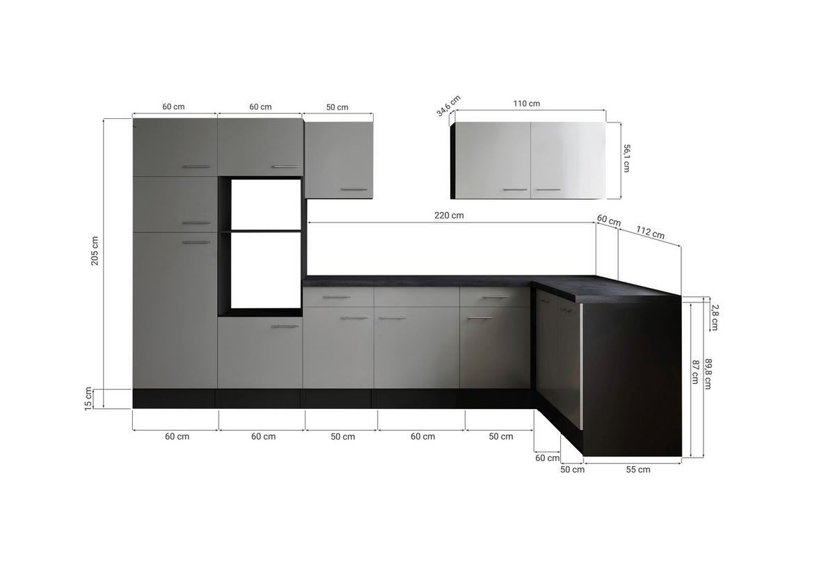 Eckküche Oliver Grau, Schwarz S: 340x172cm - Schwarz/Grau, Design, Holzwerkstoff (340/172cm) - Respekta