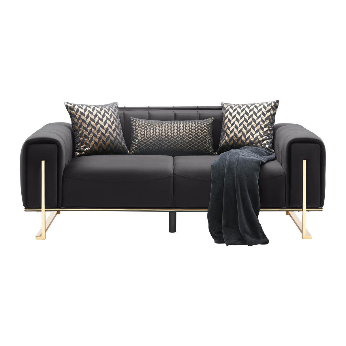 Dvojmiestna pohovka AILE, čierny zamat, s vankúšmi - čierna/zlatá, Lifestyle, textil (190/80/90cm) - Mömax