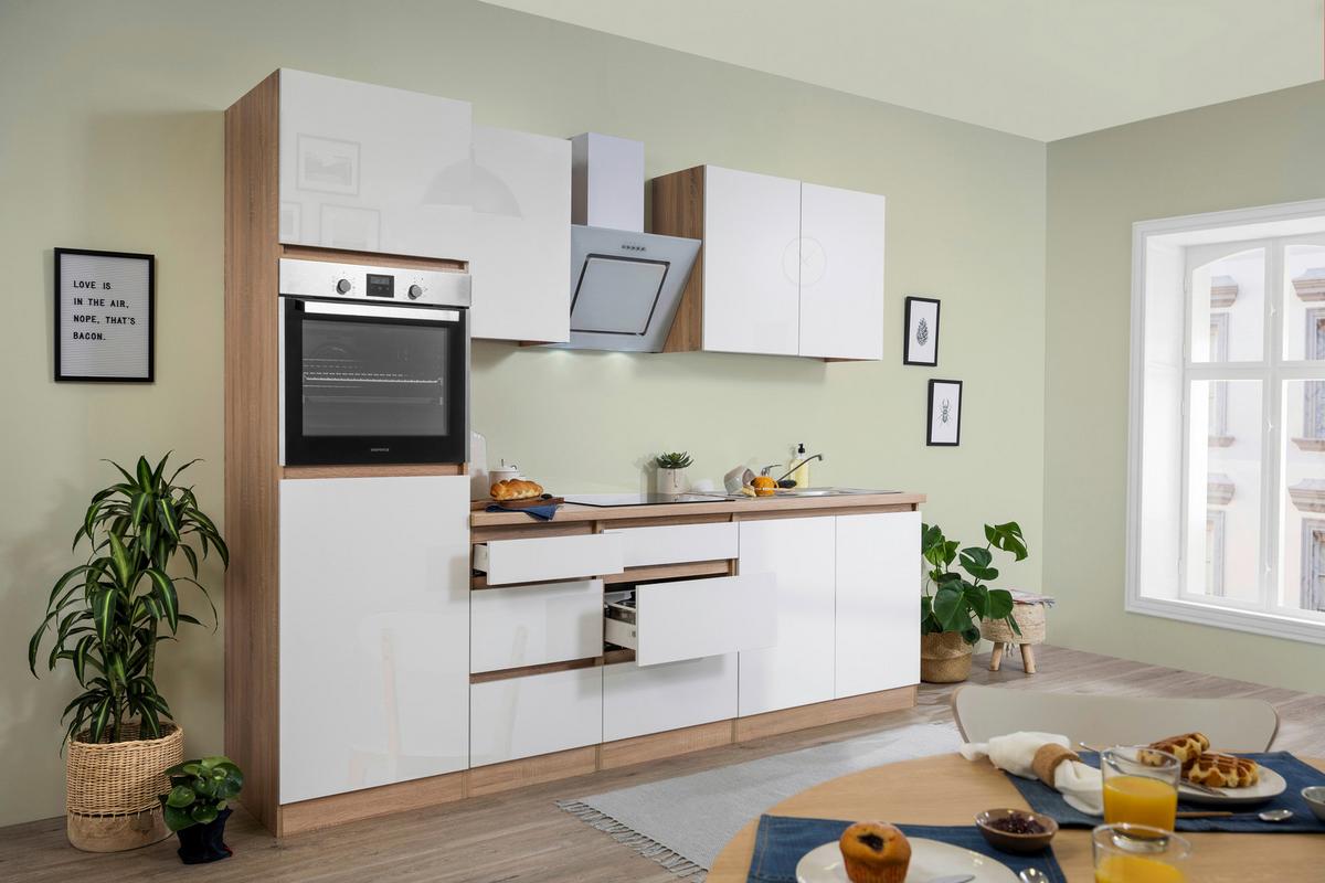 Küchenzeile Premium mit Geräten 270 cm Weiß/Eiche Dekor Modern - Eichefarben/Weiß, MODERN, Holzwerkstoff (270cm) - Respekta
