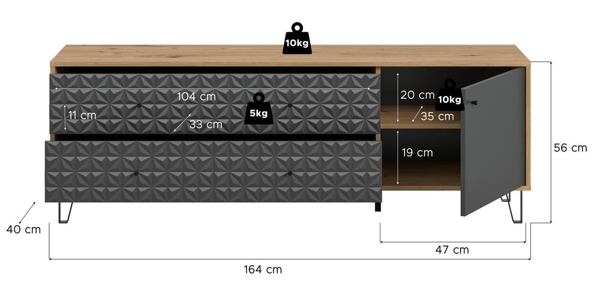 Lowboard Prisma, Anthrazit B: 164 Cm - Anthrazit/Schwarz, Design, Holzwerkstoff (164/56/40cm) - Livetastic