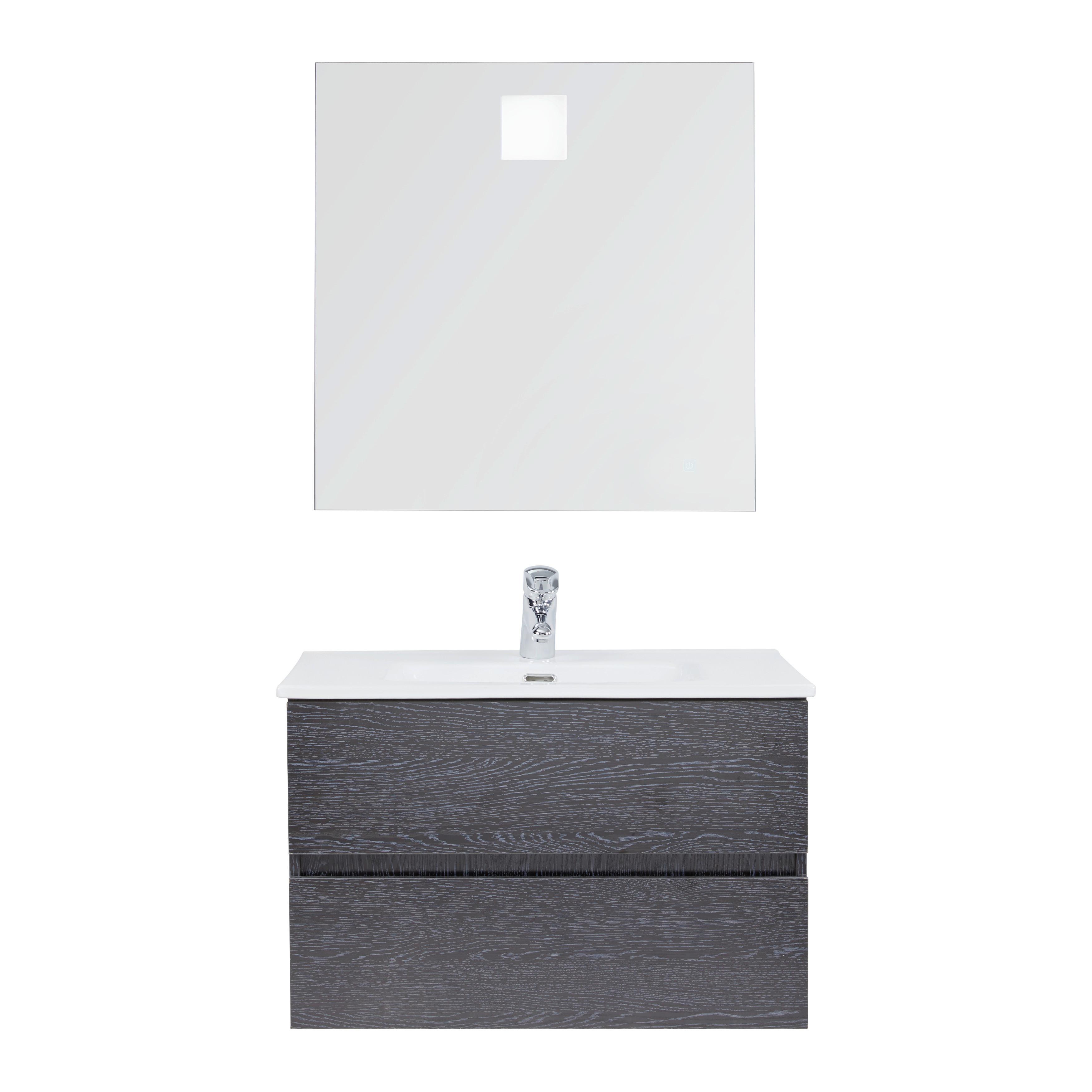Skříňka s umyvadlem a LED zrcadlem MATTEO - bílá/černá, Moderní, kompozitní dřevo/keramika (76/50/46,5cm) - Livetastic