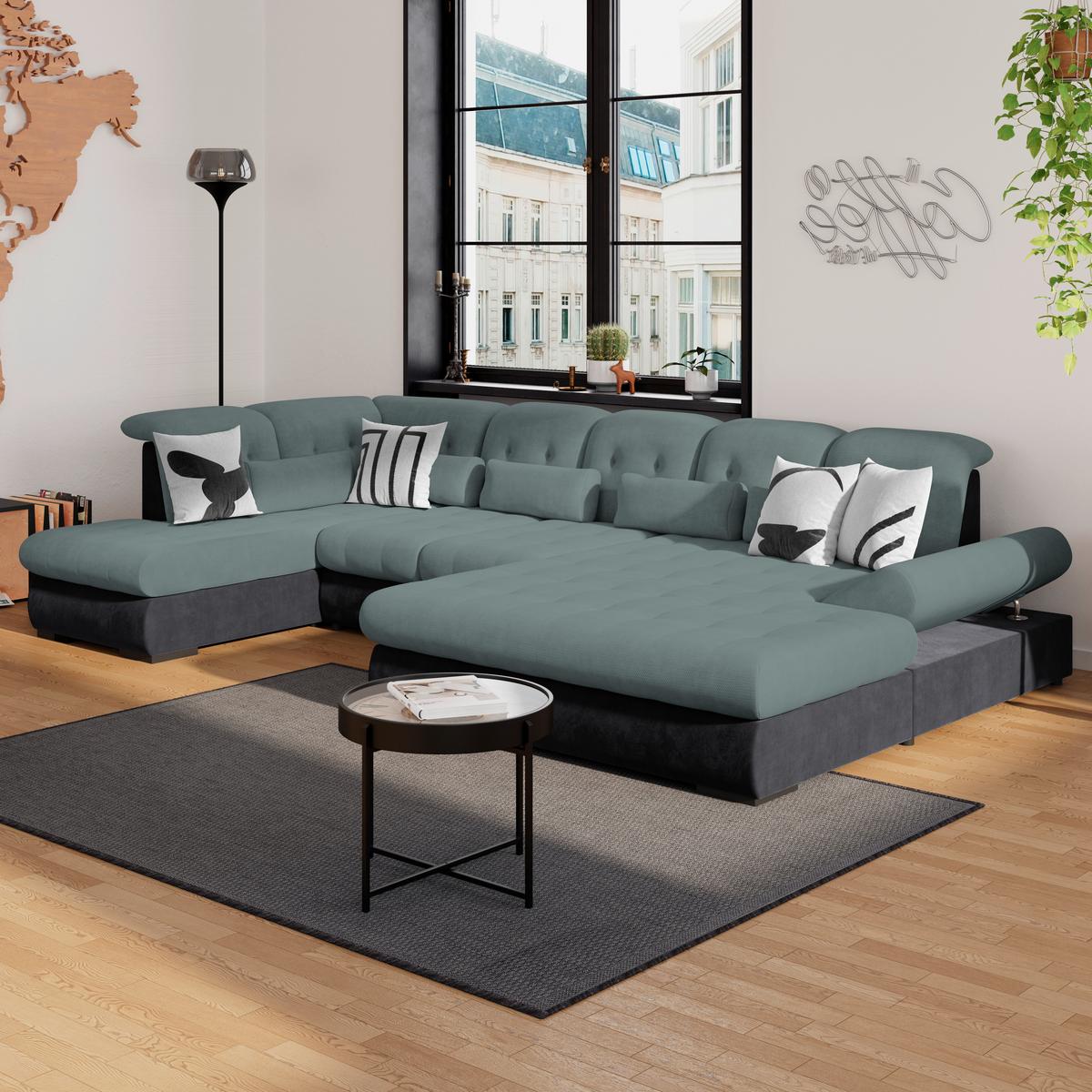 Wohnlandschaft Madera Blaugrün U: 212x358x190 cm - Blau/Anthrazit, KONVENTIONELL, Kunststoff/Textil (212/358/190cm)