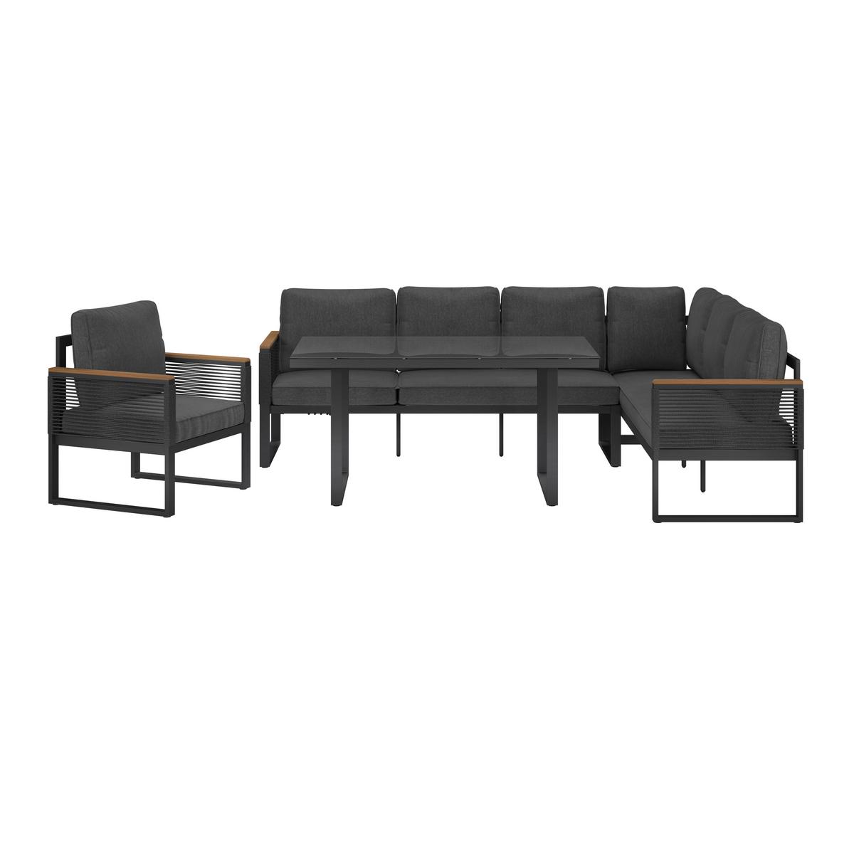 Loungegarnitur Orlando Metall/ Kunststoff, mit Glasplatte - Dunkelgrau/Naturfarben, MODERN, Glas/Kunststoff (245,5/182cm) - Beldano