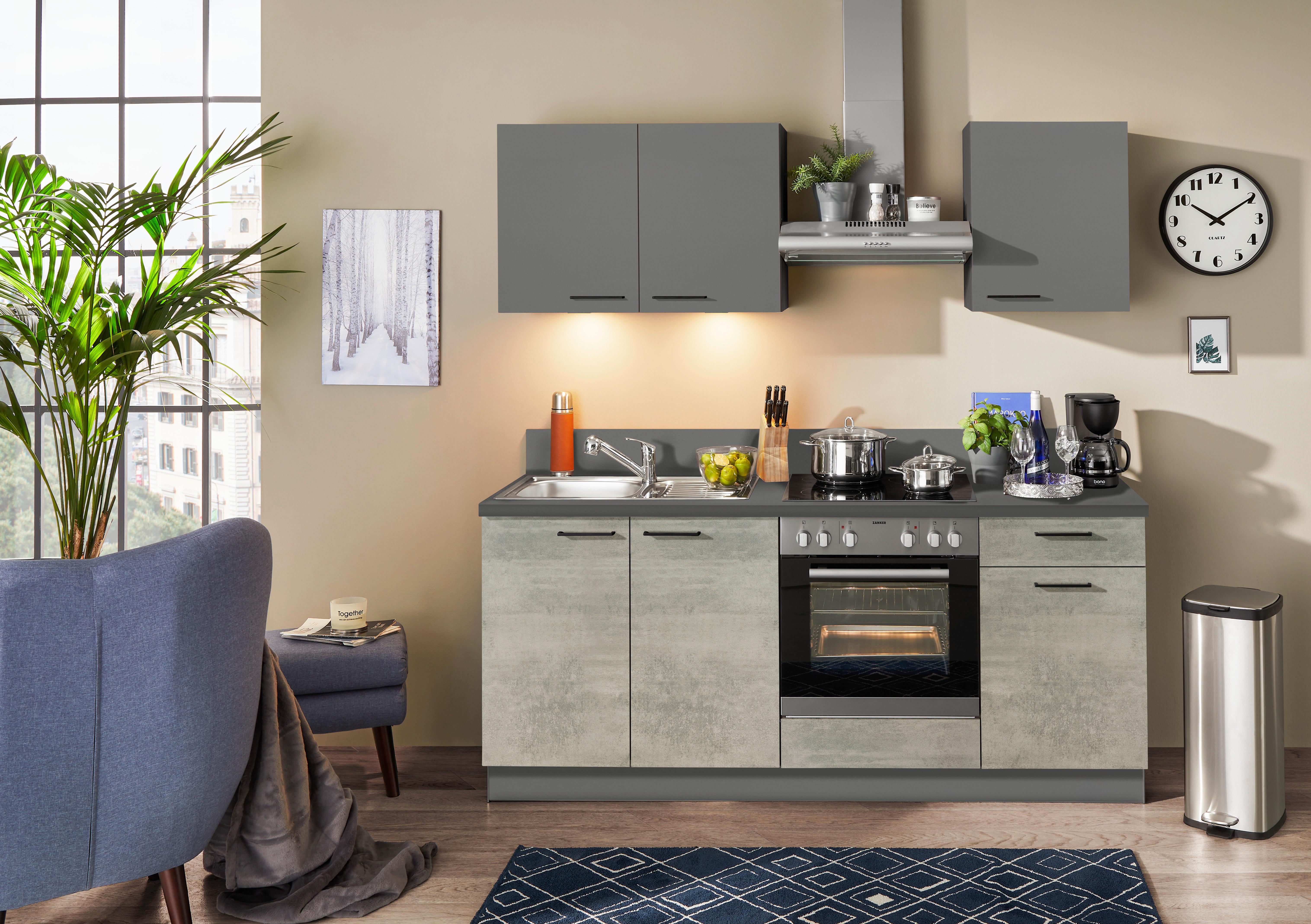 Küchenzeile Base mit Geräten 200 cm Stahl-/Nussfarben - Anthrazit/Grau, Design, Holzwerkstoff (200cm) - Express