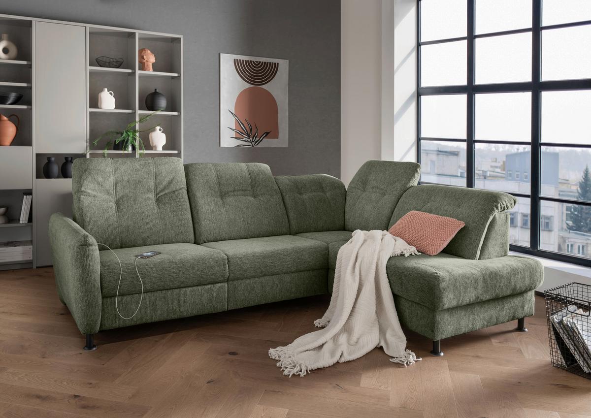 Ecksofa Minori Chenille Dunkelgrün, S: 270x198 cm - Dunkelgrün/Schwarz, MODERN, Textil (270/198cm) - Livetastic