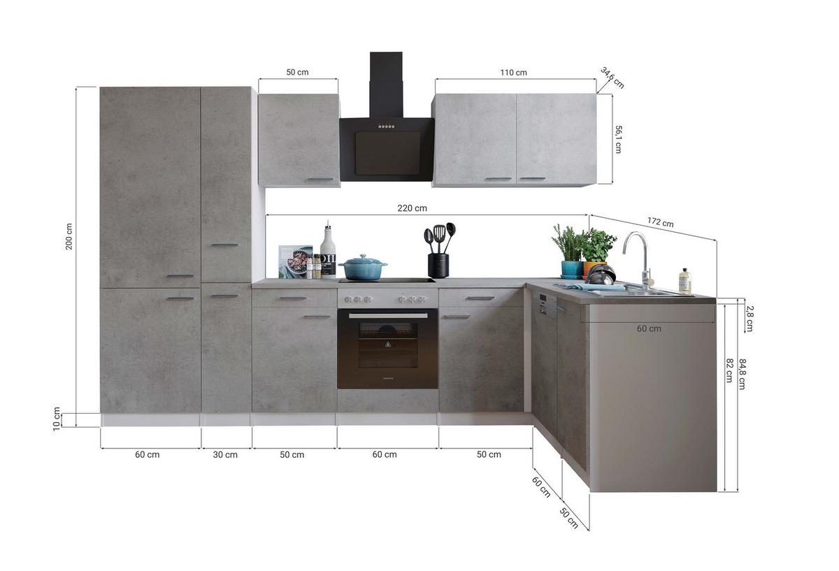 Eckküche Malia 310x172 Cm Grau, Mit Geräte - Weiß/Grau, Basics, Holzwerkstoff (310/172cm) - Respekta