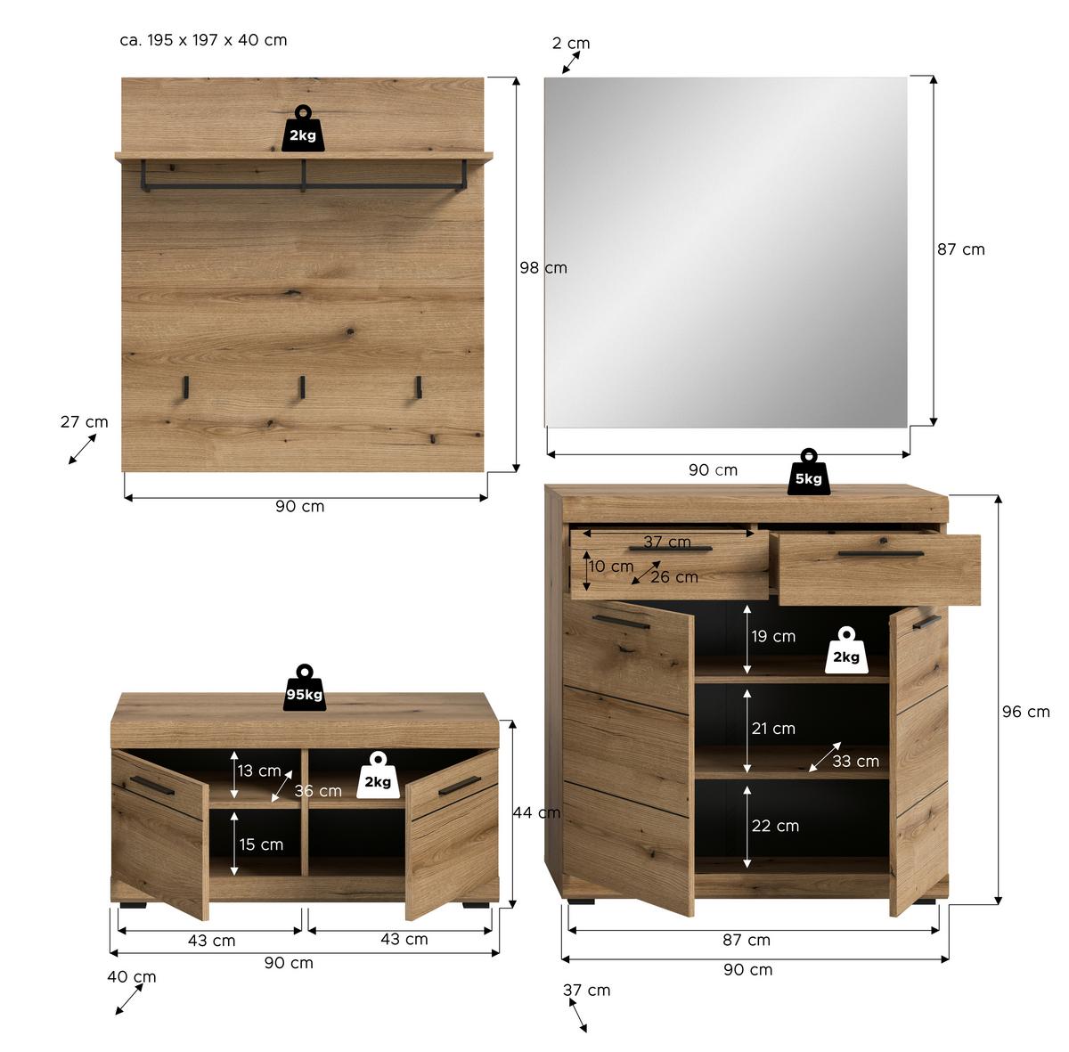 Garderobe Scout 4-Teilig Eiche Dunkel B: 195 cm - Eiche dunkel, Design, Holzwerkstoff (195/197/40cm) - Livetastic