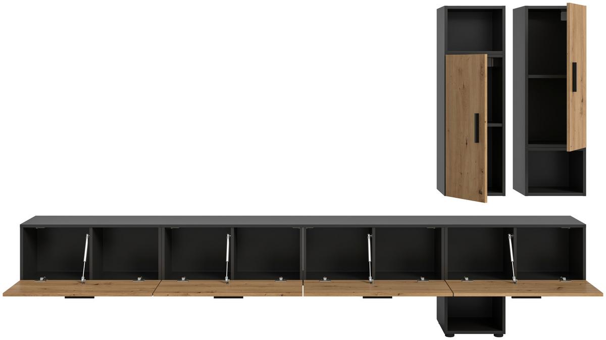 Wohnwand, The One 7, B: 300 cm Artisan Eiche Dekor/Grau - Schwarz/Eiche Artisan, Trend, Holzwerkstoff (300/178/34cm)