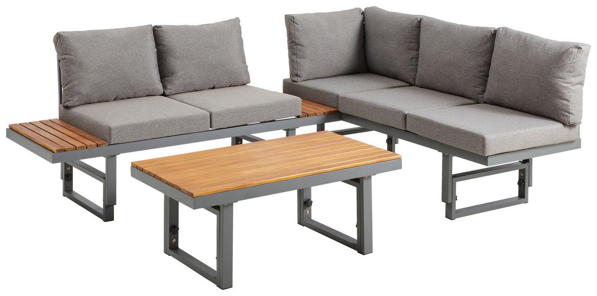 Loungegarnitur 3-Tlg Paris Aus Akazienholz/Stahl mit Kissen - Grau/Teakfarben, MODERN, Holz/Metall (240/177/42/51cm) - Beldano