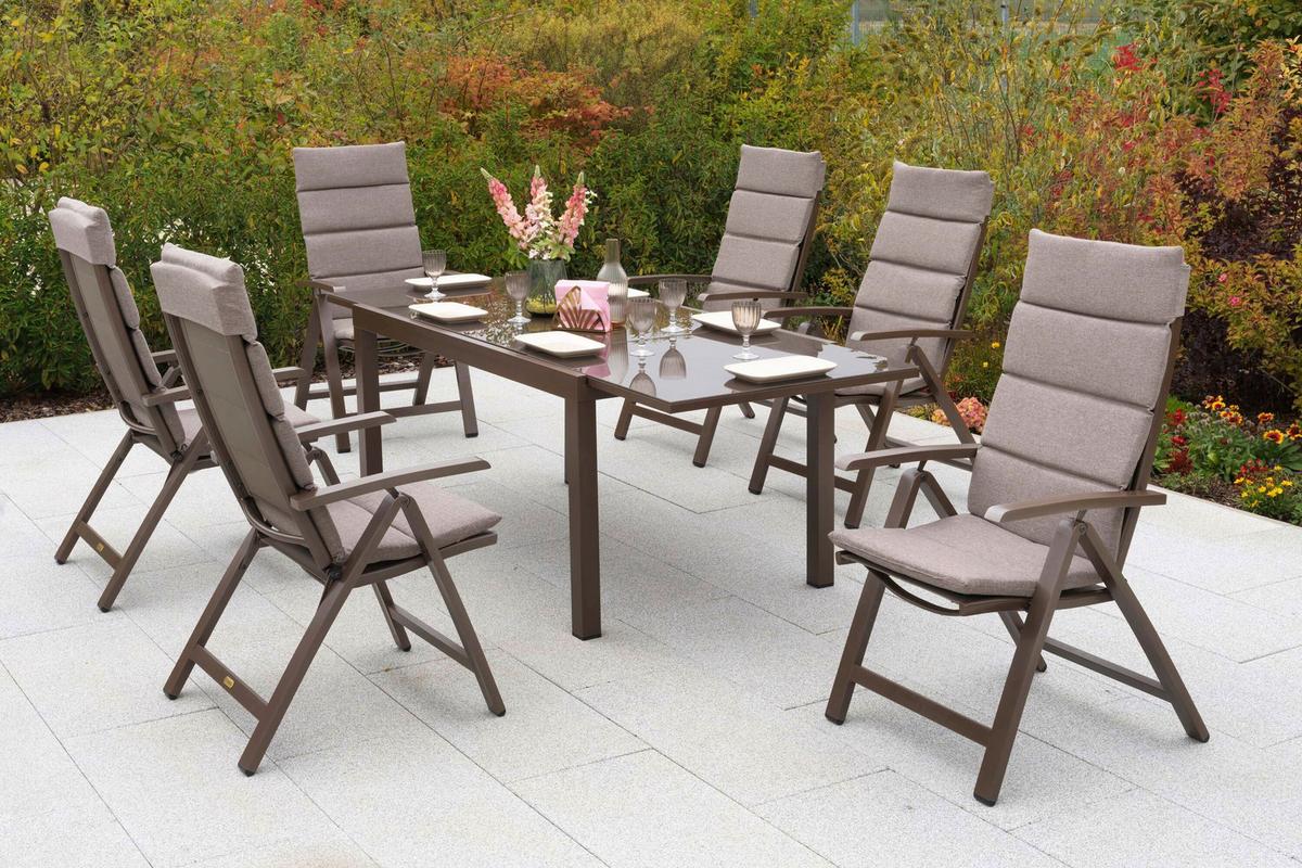 Gartentischgruppe Tinetto 7--Teilig. Aus Aluminium +auflagen - Taupe/Braun, KONVENTIONELL, Glas/Textil - Gardenson
