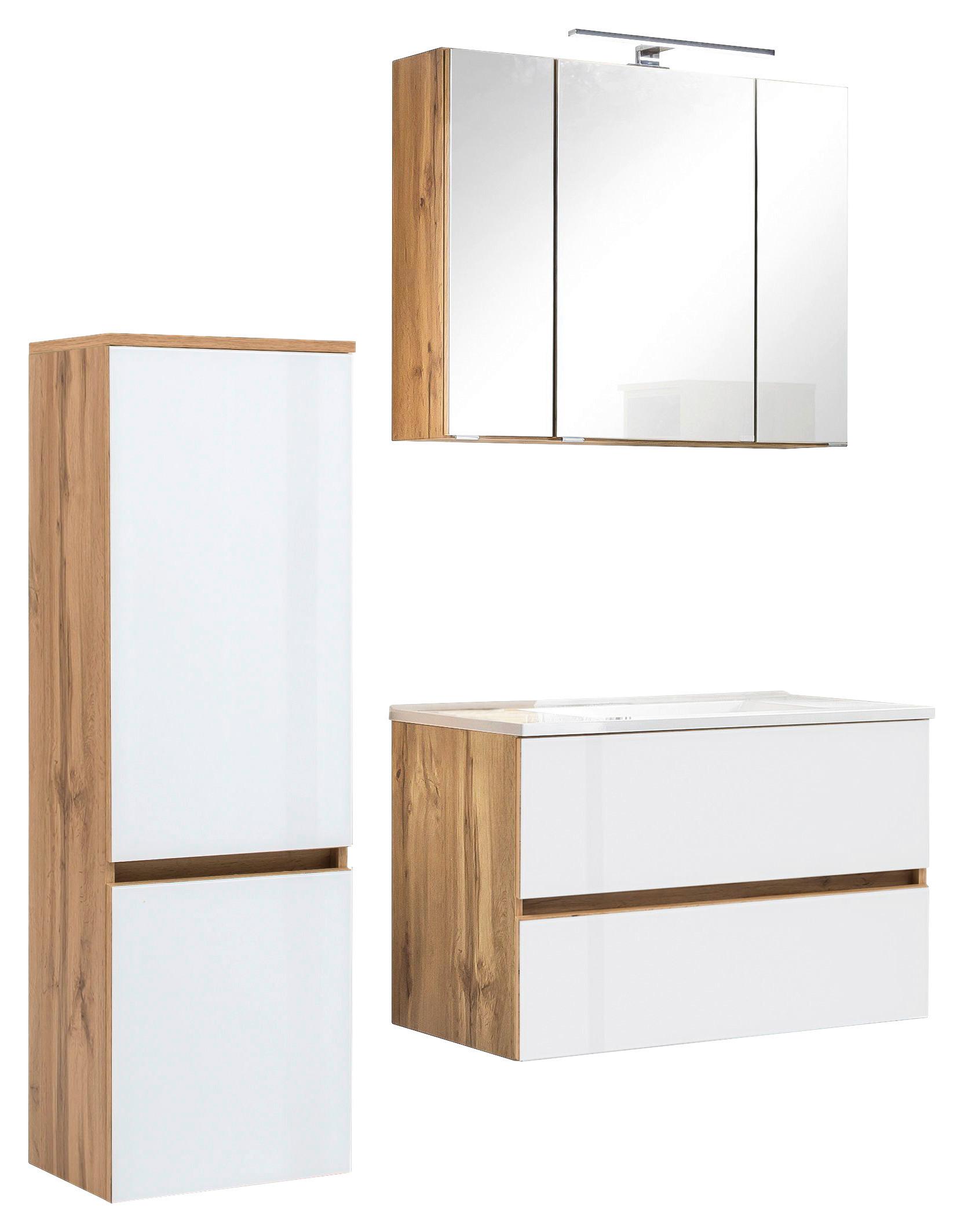 Badmöbel-Set 4-Tlg. inkl. LED Helsinki, Weiß/Eiche - Eichefarben/Weiß, KONVENTIONELL, Glas/Holzwerkstoff (120cm) - Held