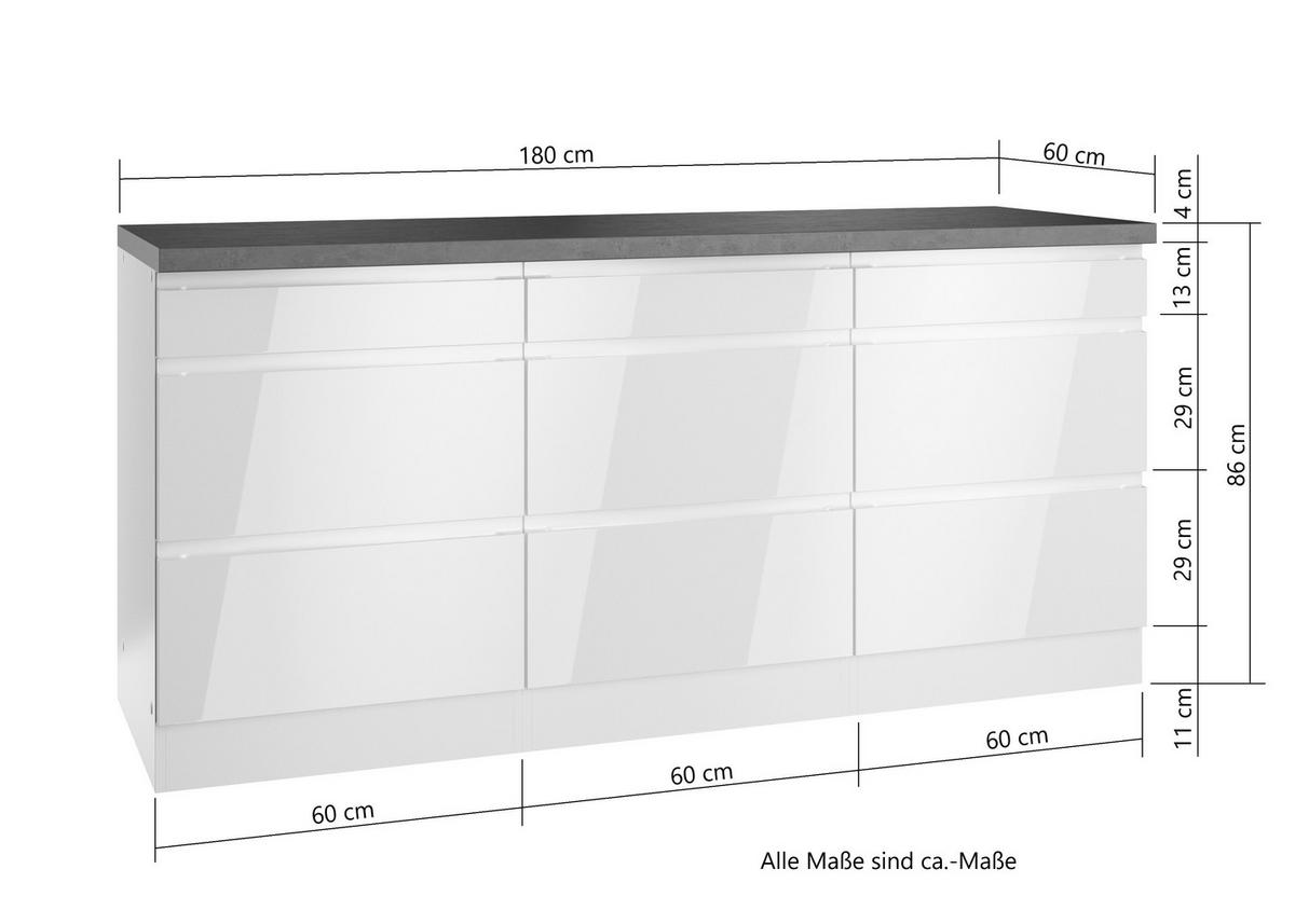 Küchenunterschrank Monza 180 Cm Weiß/eiche Dekor - Weiß Hochglanz/Eiche Wotan, LIFESTYLE, Holzwerkstoff (180/86/60cm) - Held