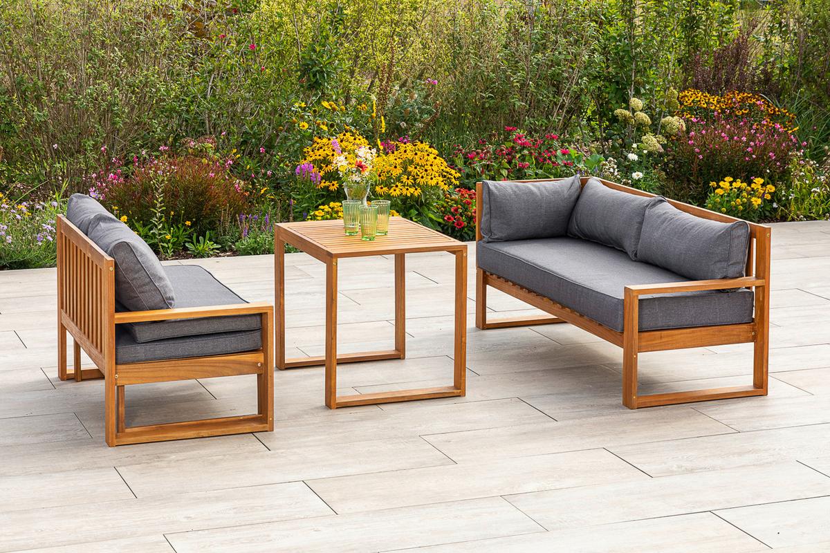 Loungegarnitur Merida Eckset - Naturfarben/Grau, MODERN, Holz (182/166/62,5cm) - Gardenson