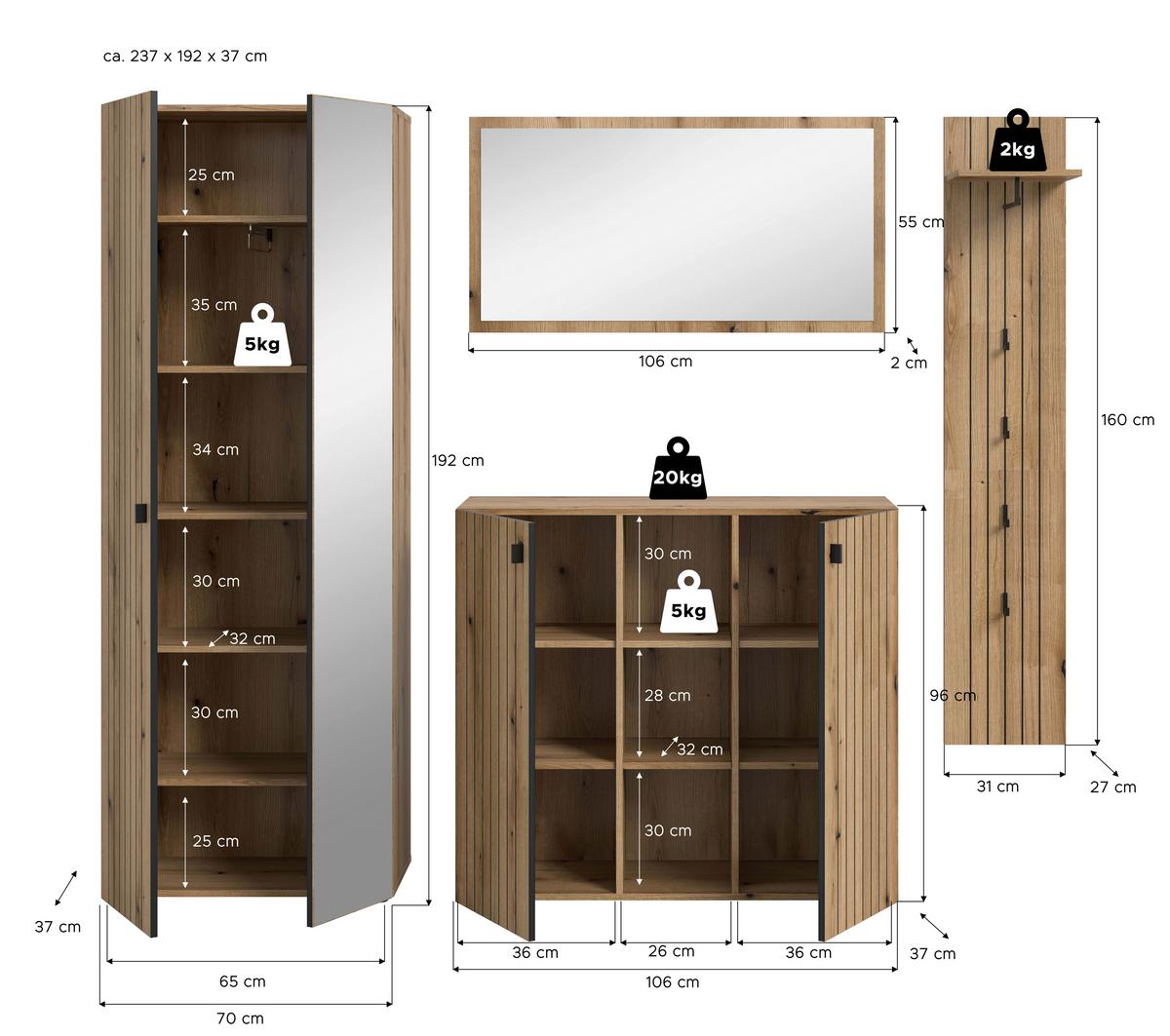 Garderobe Station Eiche Dekor B: 237cm - Eichefarben, Design, Holzwerkstoff (237/192/37cm) - MID.YOU