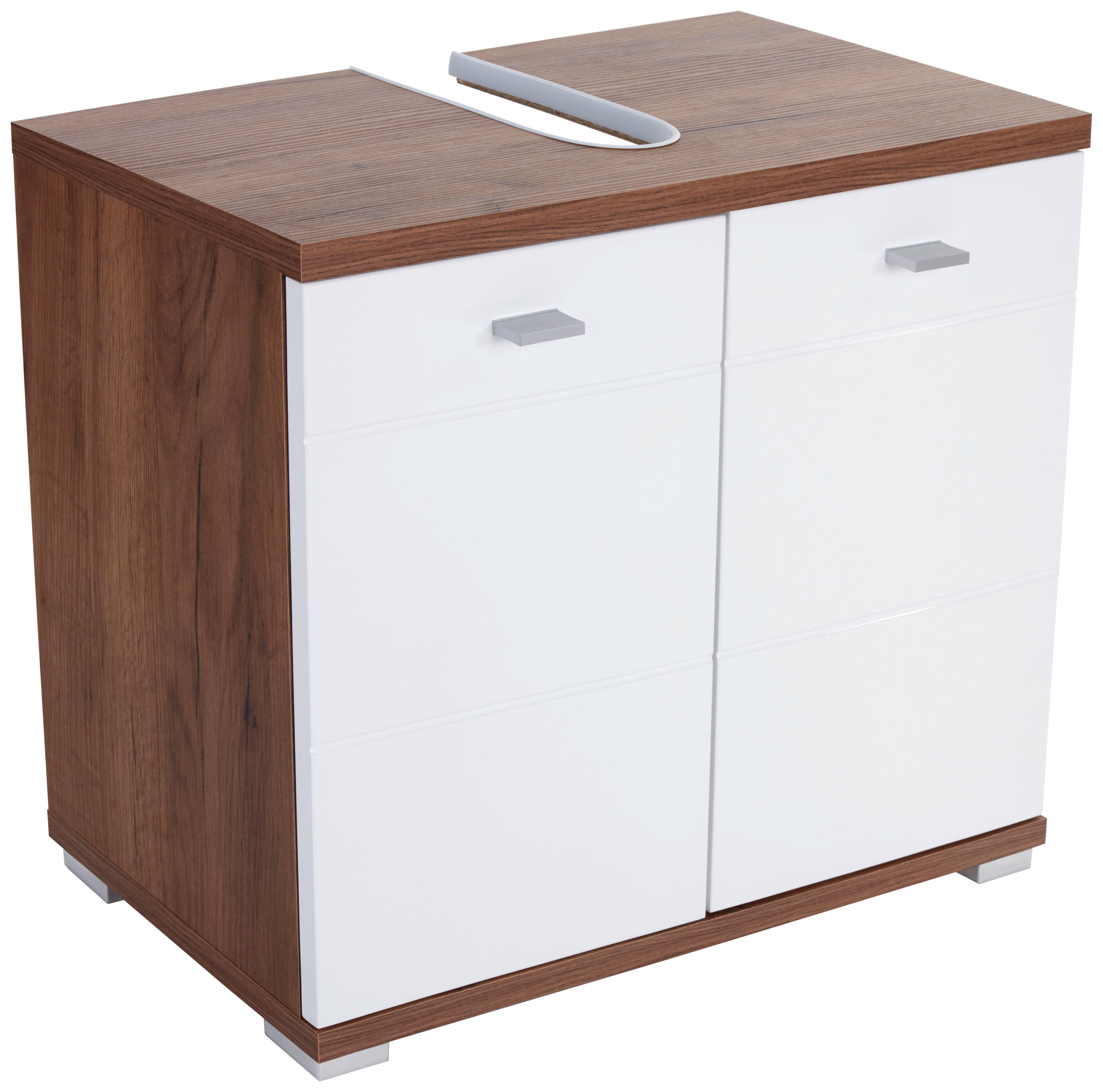 Waschbeckenunterschrank Bari B: 70cm, Weiß + Eiche Dekor - Eichefarben/Alufarben, KONVENTIONELL, Holzwerkstoff/Kunststoff (70/60/32cm)