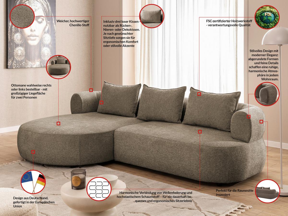 Ecksofa Ferro Braun S: 156x256 cm - Schwarz/Braun, Design, Textil (156/256cm) - Livetastic