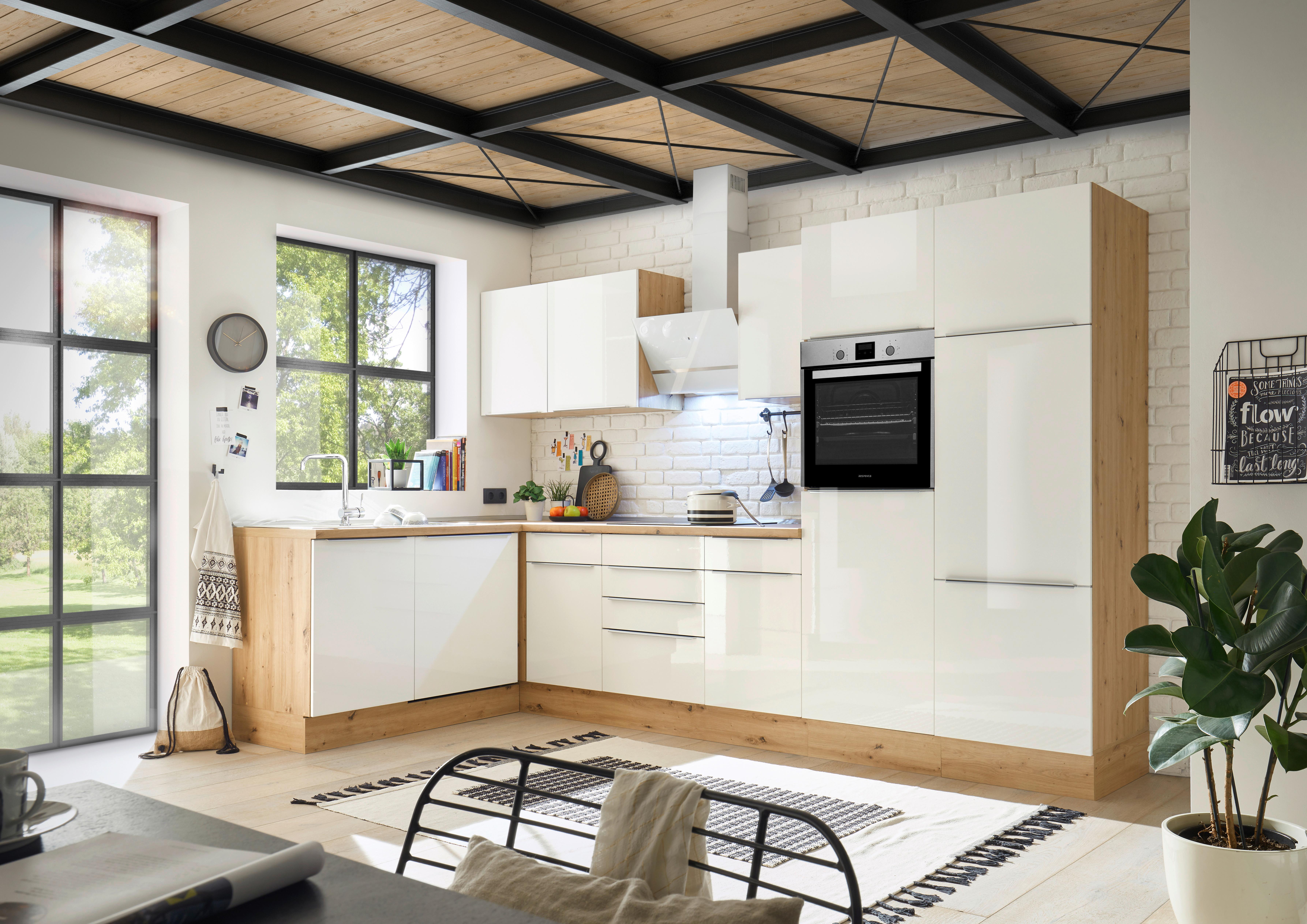 Eckküche mit Geräten 340x170 cm Weiß/Eiche Dekor, Modern - Weiß Hochglanz/Eiche Artisan, LIFESTYLE, Holzwerkstoff (170/340cm) - Respekta