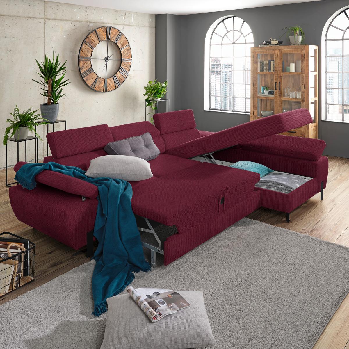 Rohová sedačka MILNA, pravá, bordová - čierna/bordová, Modern, kov/drevo (277/90/189cm) - Mömax