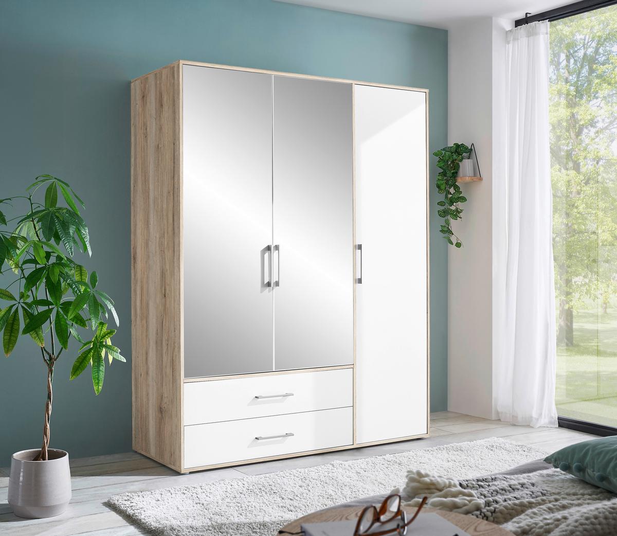 Kleiderschrank mit Spiegel 3trg Lembo San Remo/Weiß B: 155 cm - Alufarben/Weiß, KONVENTIONELL, Glas/Holzwerkstoff (155/195/60cm)